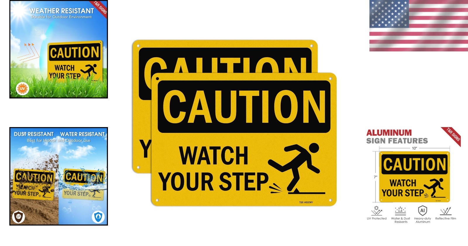 10 x 7 Inch Waterproof Caution Watch Your Step Signs – Rust-Free Aluminum Pair