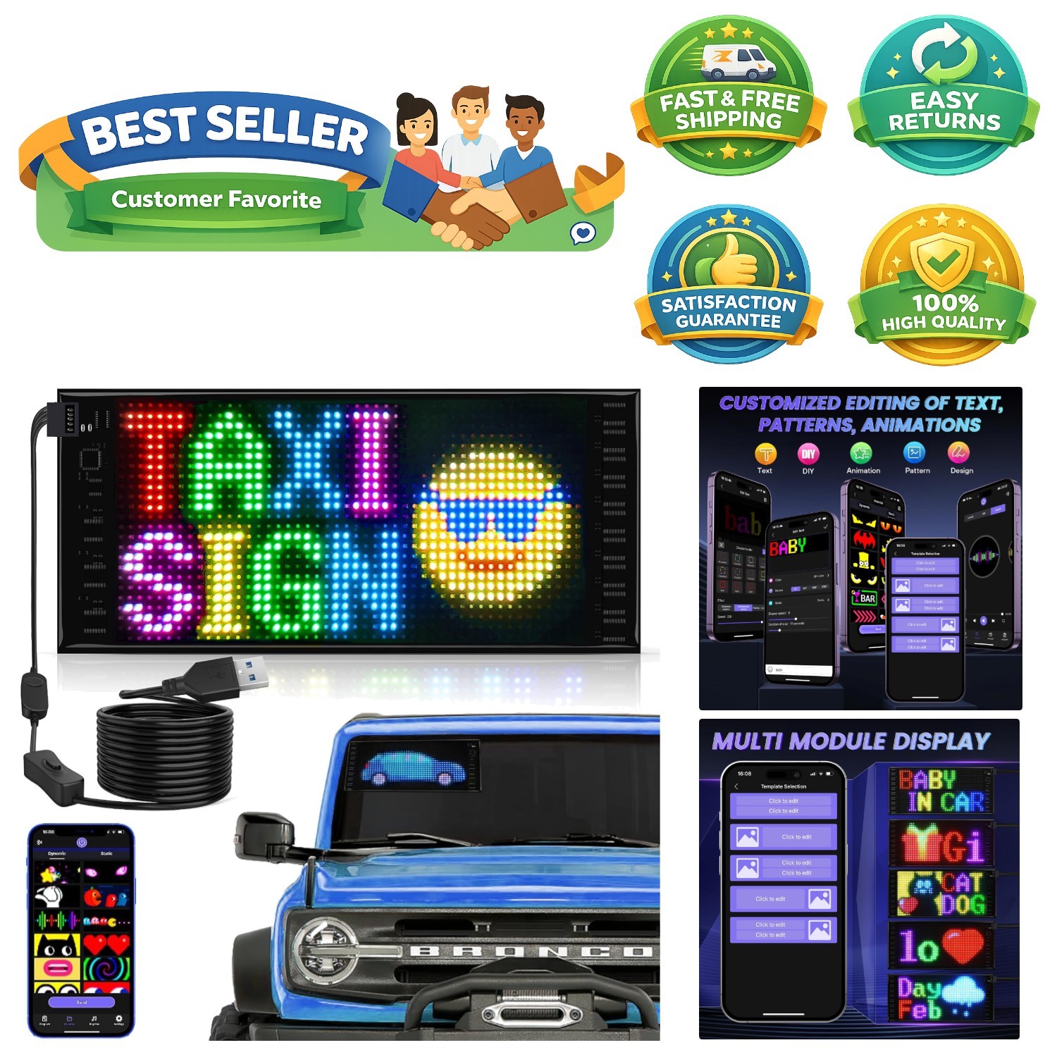 Bright RGB Dual Row LED Sign 10.6”x4.7” for Cars – Scrolling Text Display