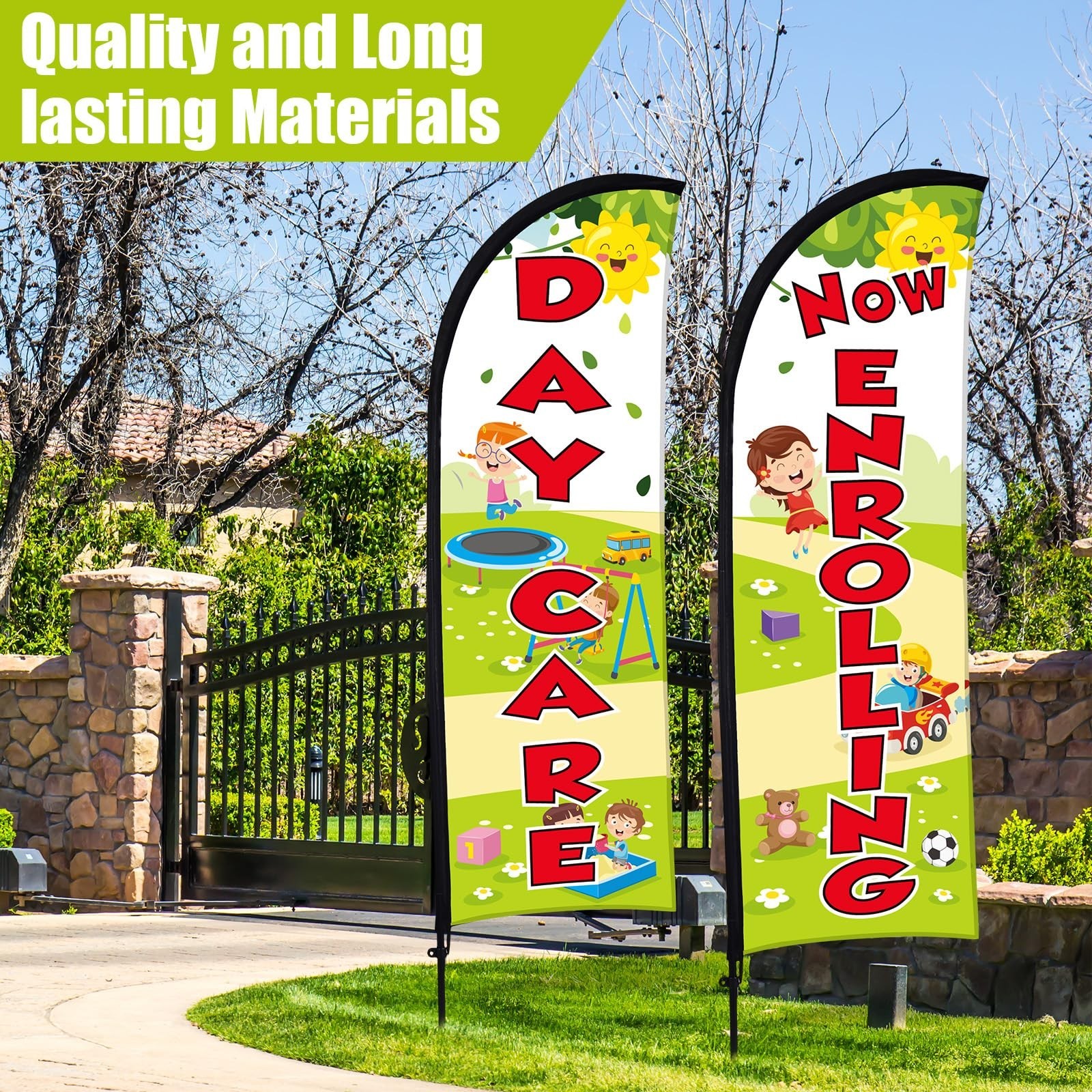 Buryeah 2 Sets 12ft Now Enrolling Daycare Flag Banner Flagpole Ground Stake