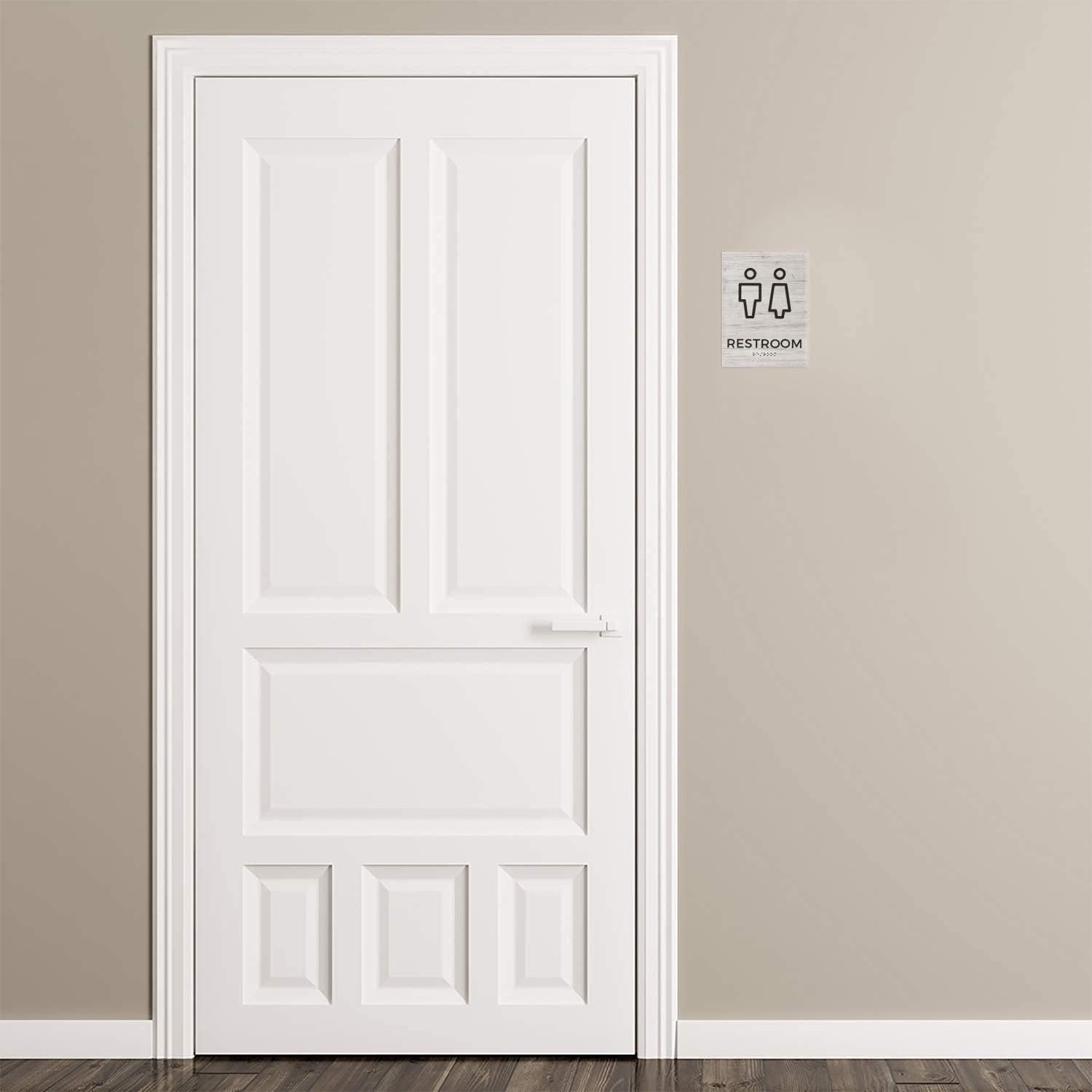Men Women ADA Restroom Sign Non Wheelchair Braille Unisex Silver Woodgrain