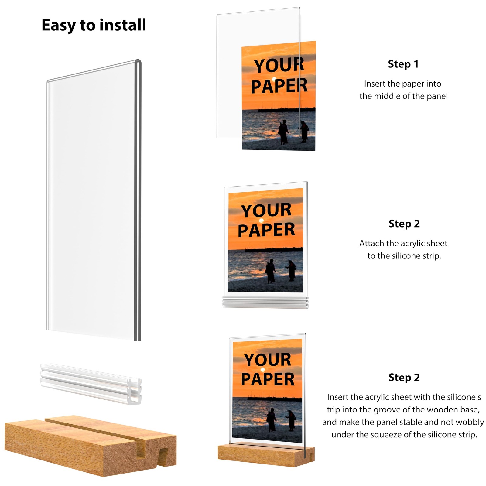 JDEA 5×7 Inch Acrylic Sign Holder with Wood Base Vertical 3 Pack 5*7″, clear