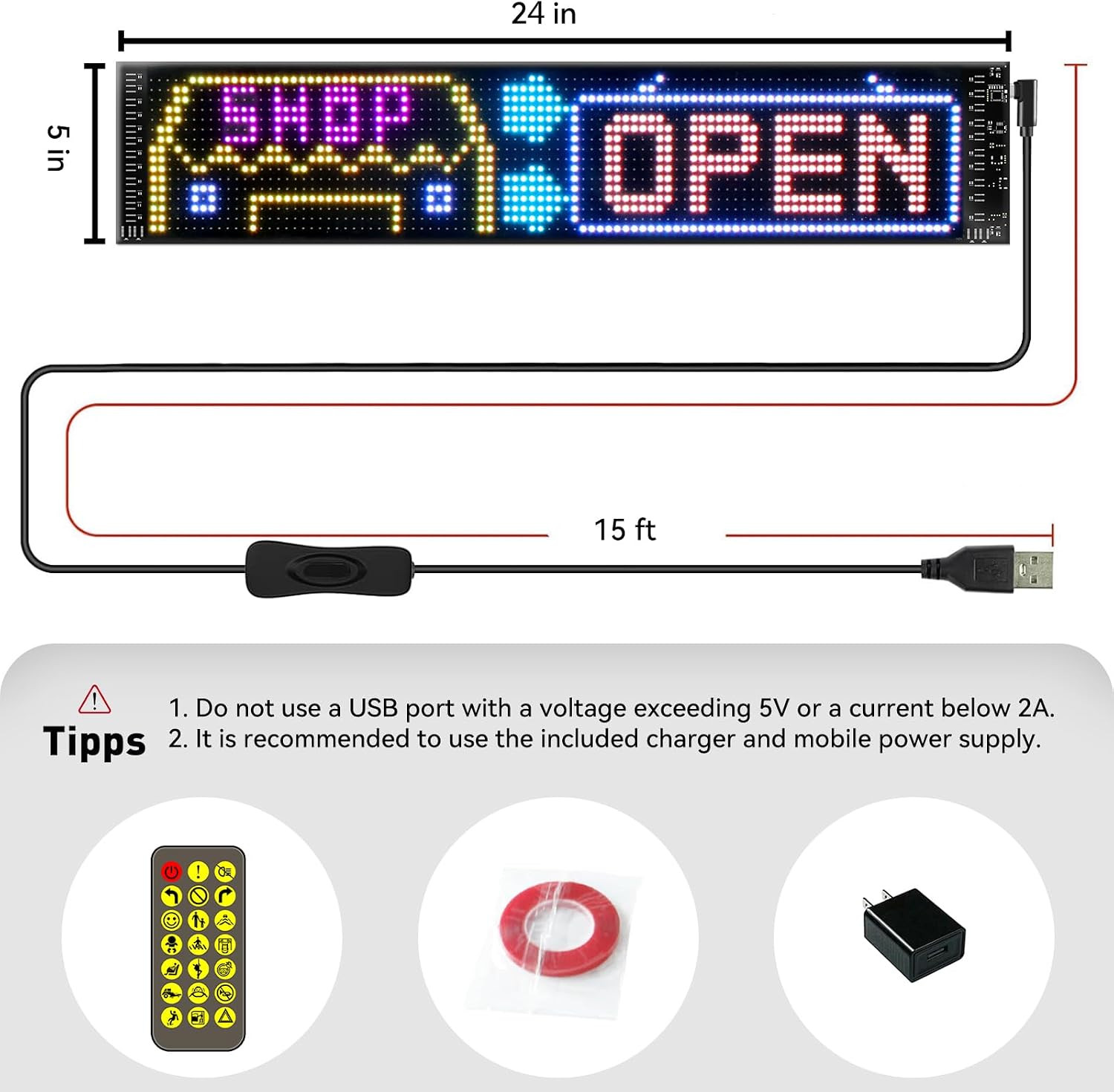 24”X5” Programmable LED Sign with Bluetooth Control, Flexible Scrolling LED Si