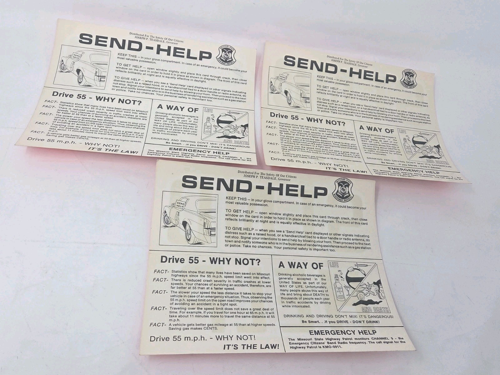 Lot of 3 “Send Help” 9″ x 7″ Signs -circa 1970s