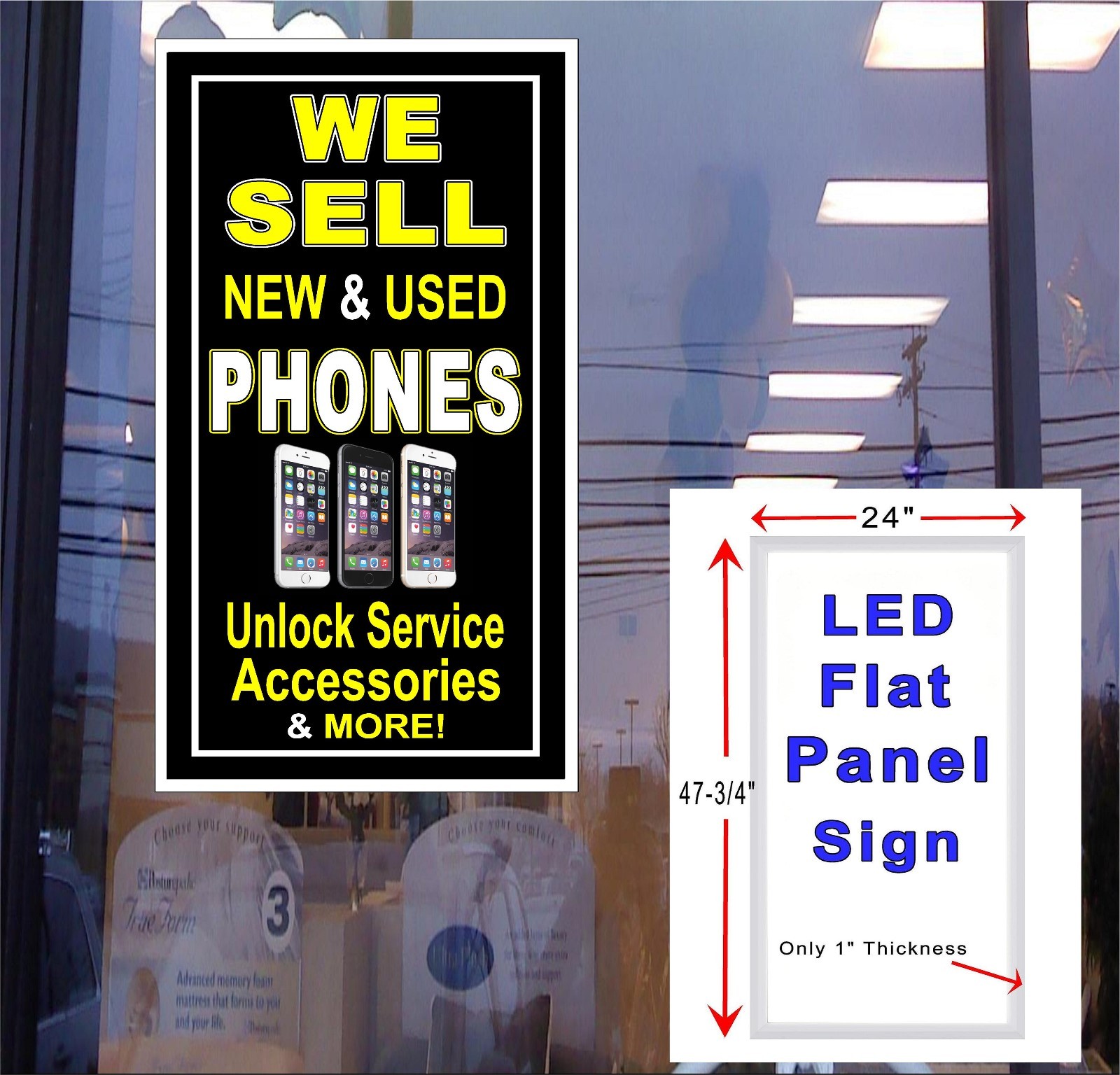 We Sell New Used Phones LED panel light box window sign 48 x 24