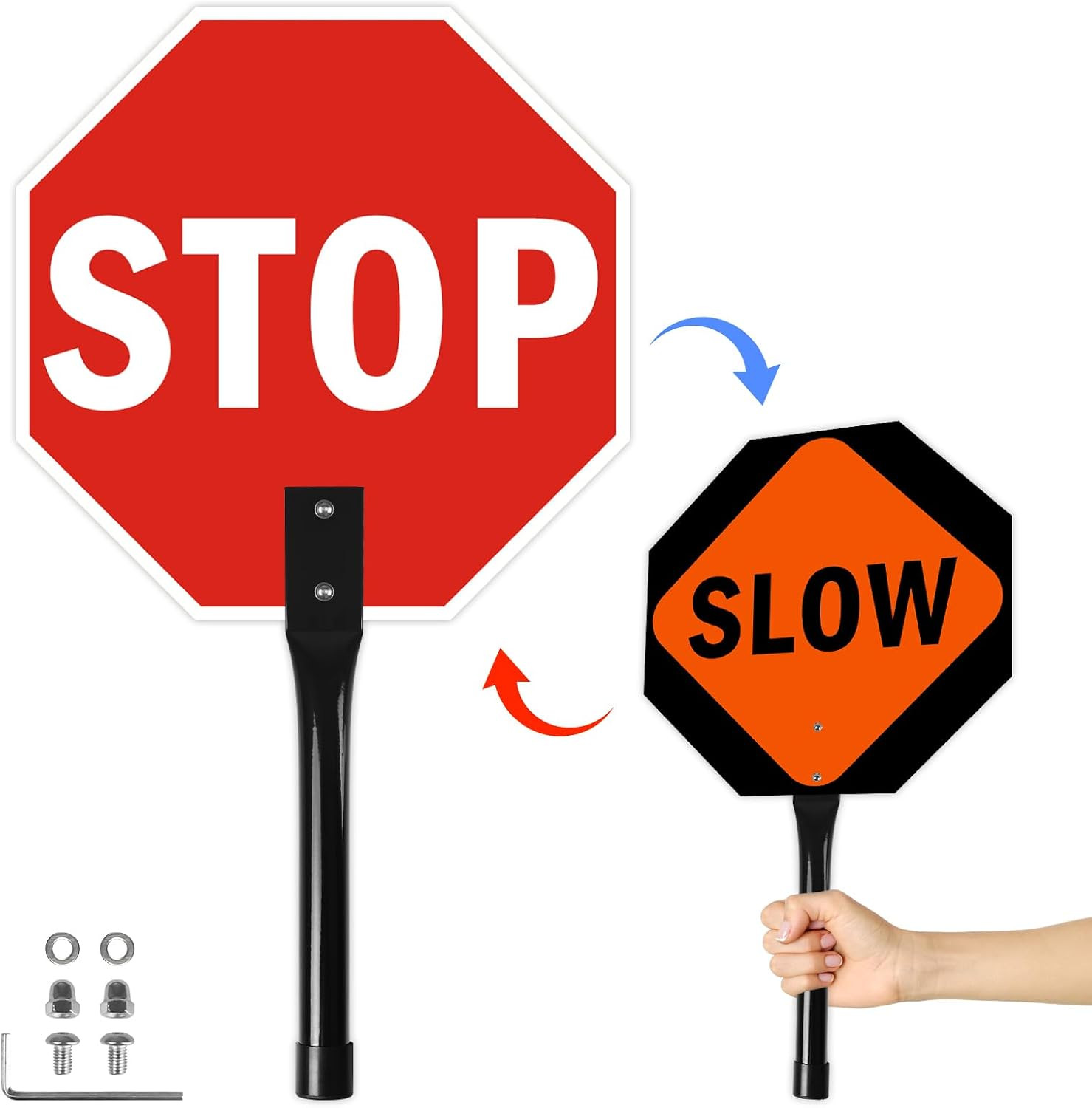 12 x 12 inches Double Sided Stop Slow Sign with Steel Handle, 1 Pack | Light Wei