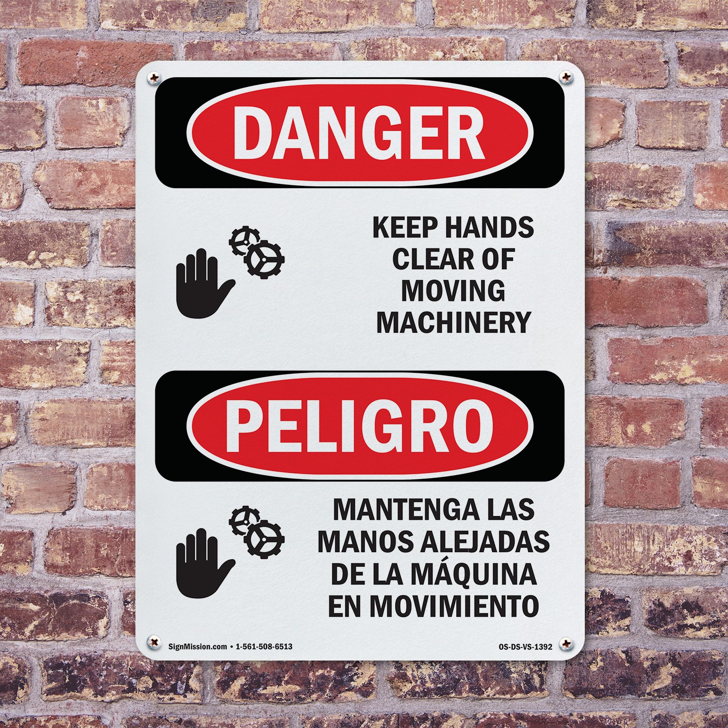 Keep Hands Clear Moving Machinery Bilingual OSHA Danger Sign, Decal 5 or 10 Pack