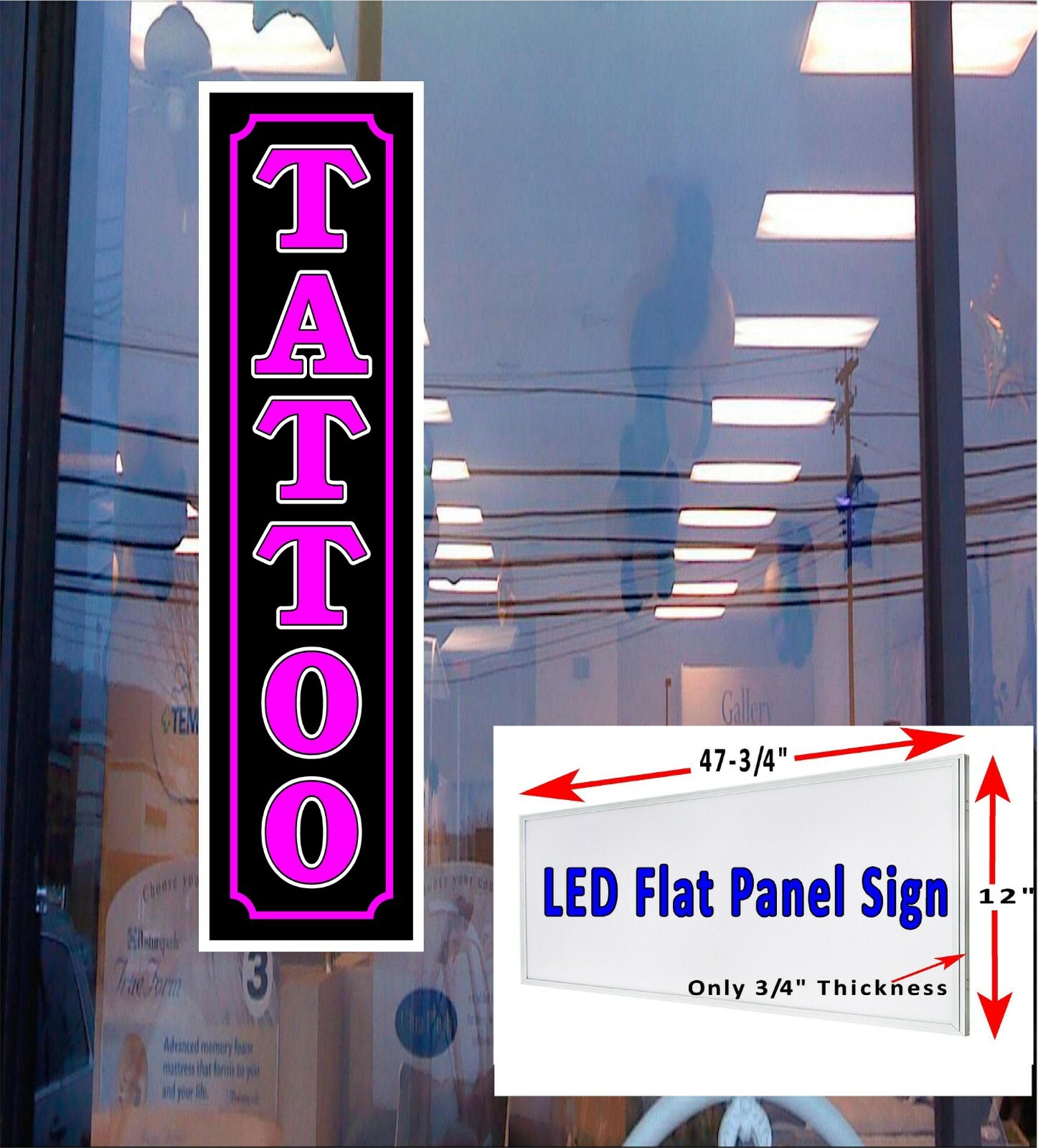 Tattoo LED panel Light box window sign 5 color choices 48″x12″