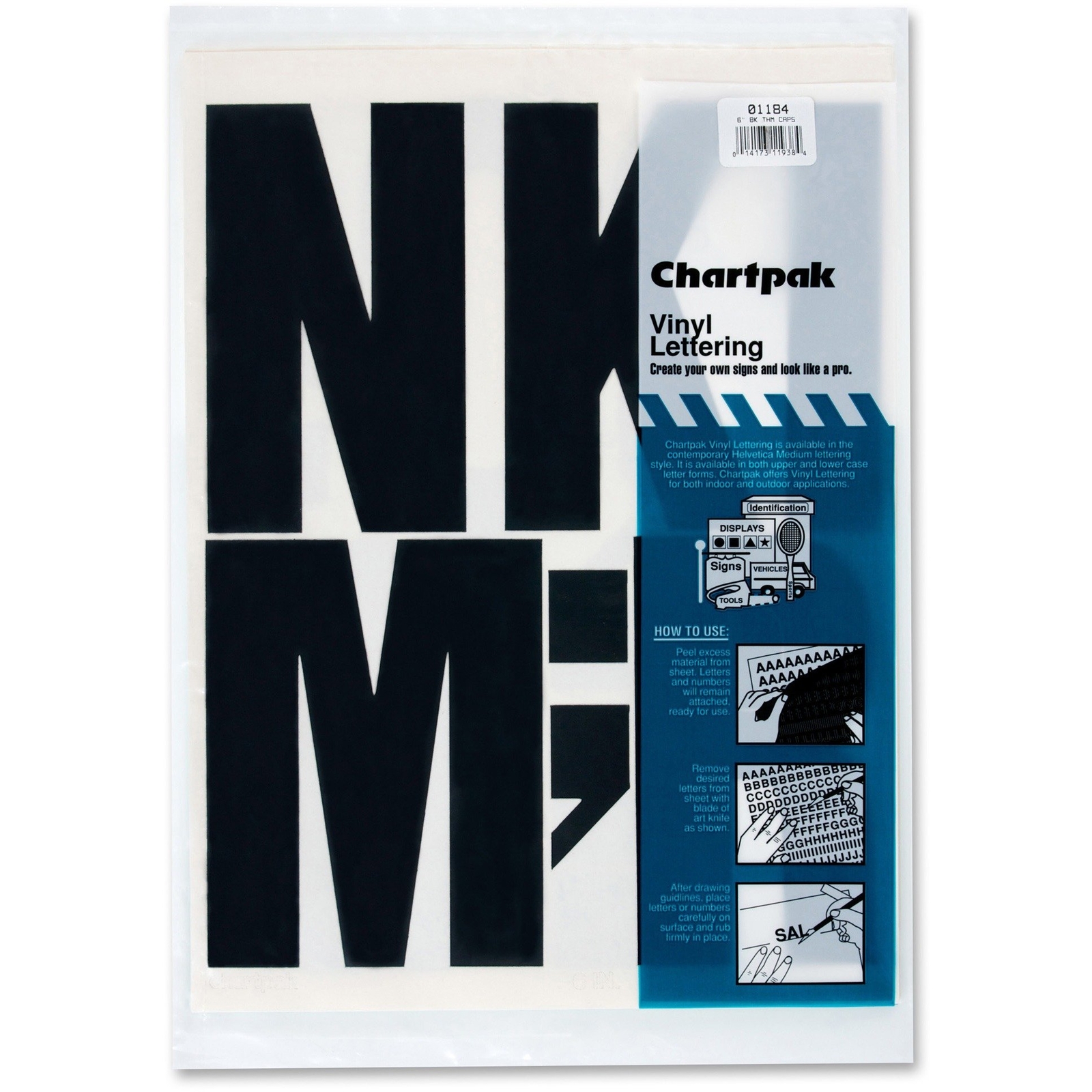 Chartpak Press-On Vinyl Uppercase Letters, Self Adhesive, Black, 6″h, 38/Pack