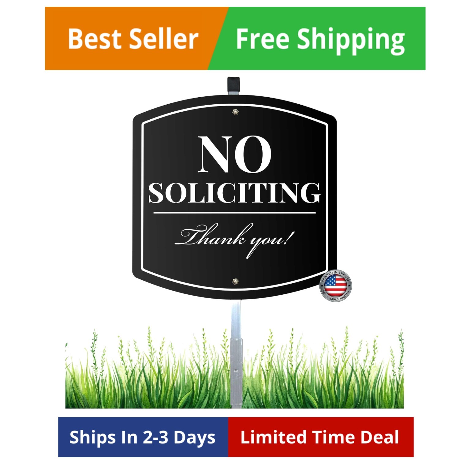 Classy Aluminum “No Soliciting” Lawn Sign – White Reflective Text On Black Ba…