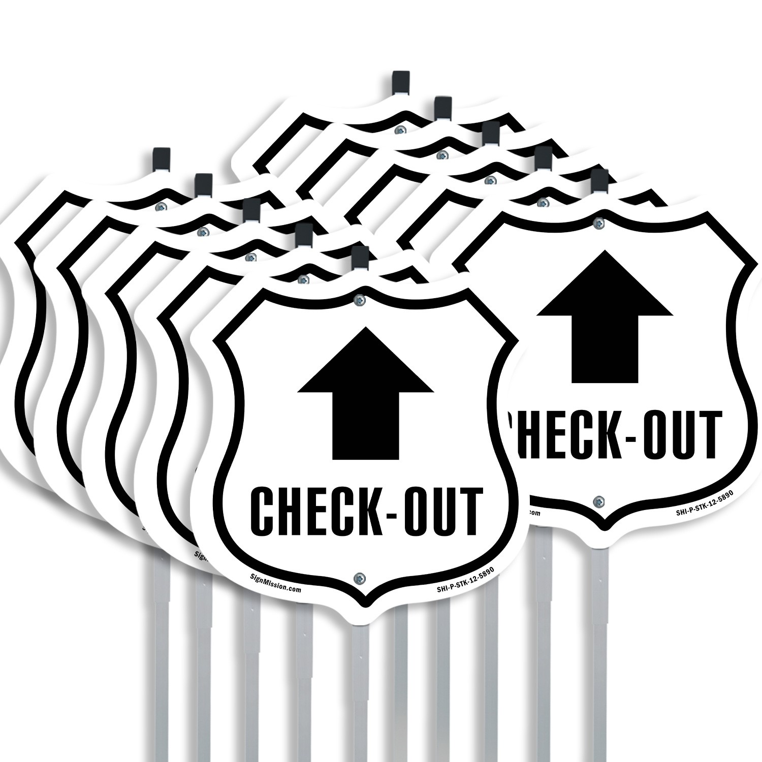 Check-Out Up Shield Shaped Sign With Stake Weather Resistant Crafted in the USA