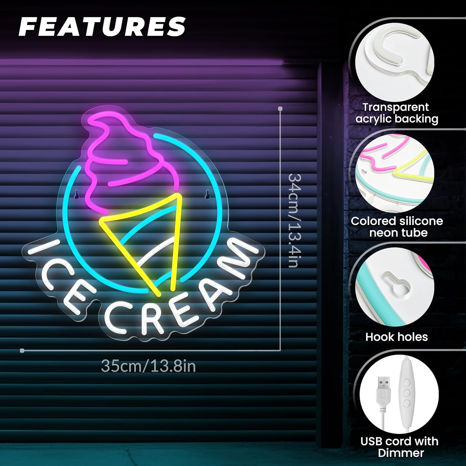 Ice Cream Neon Sign for Wall Decor Dimmable Led Neon Sign for Ice Cream Shop Bir
