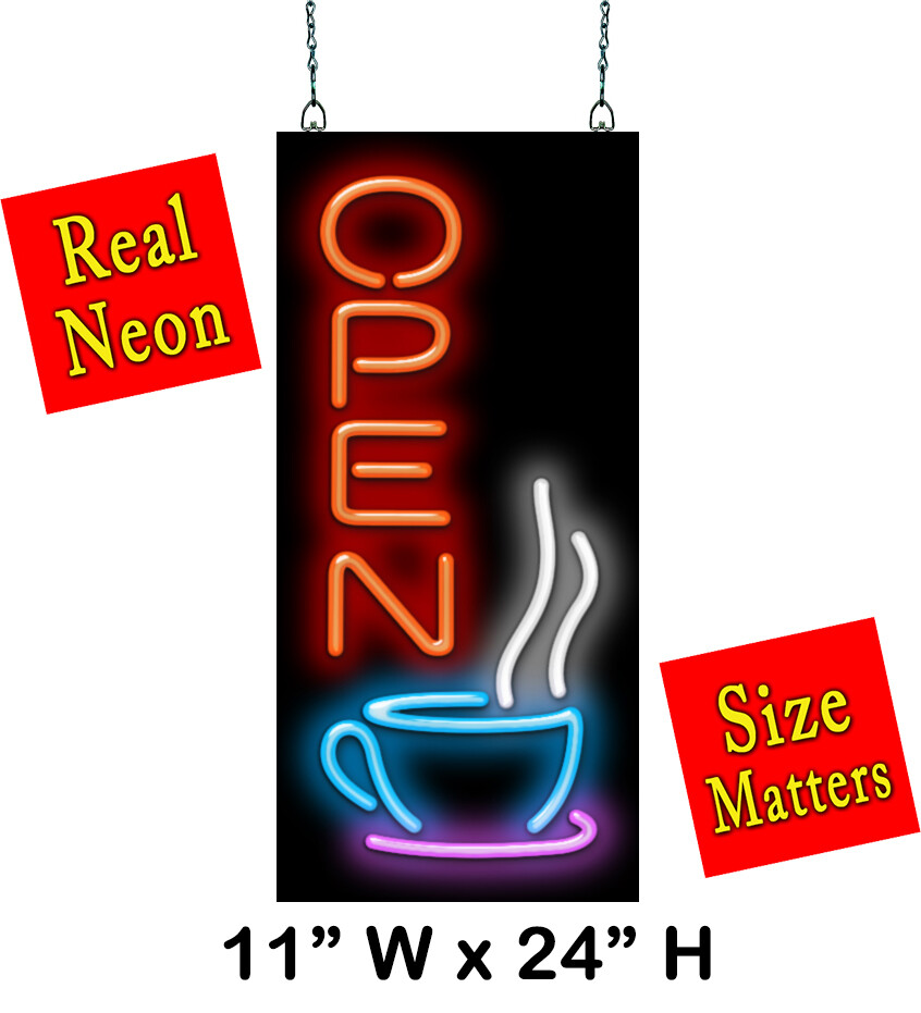 Vertical Coffee Cup Open Neon Sign REAL Neon Window Sign Ready to Ship Now