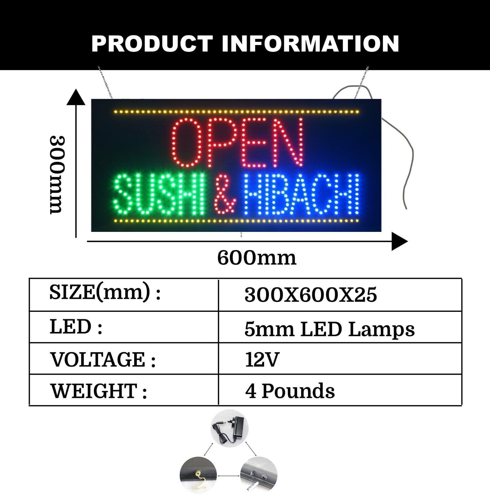 LED Open Sushi & Hibachi Sign for Business | Light Up Sign | 12″H x 24″W x 2″D