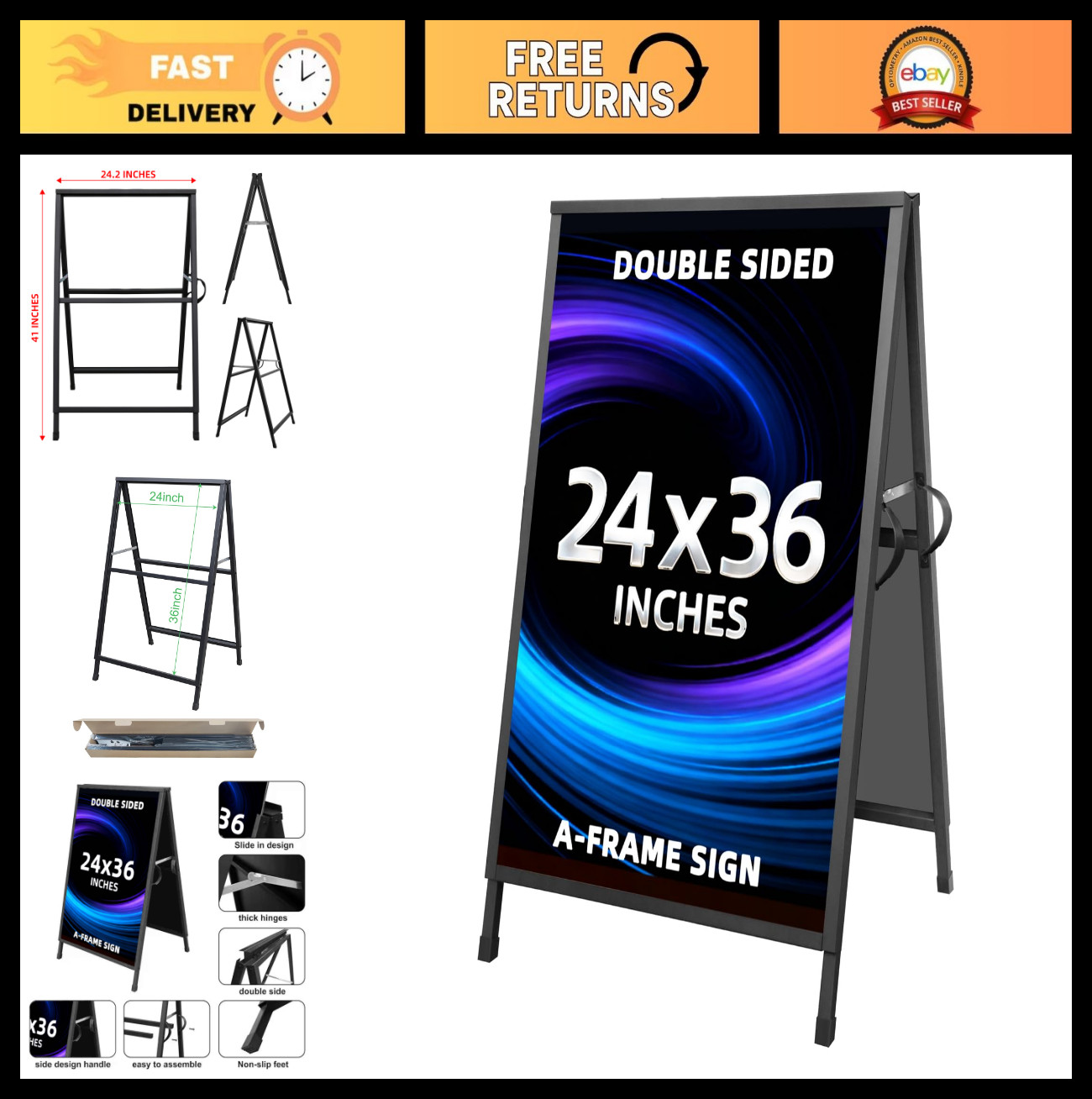 Heavy Duty Folding A-Frame Sidewalk Sign 24×36 Inch Double-Sided Metal Display