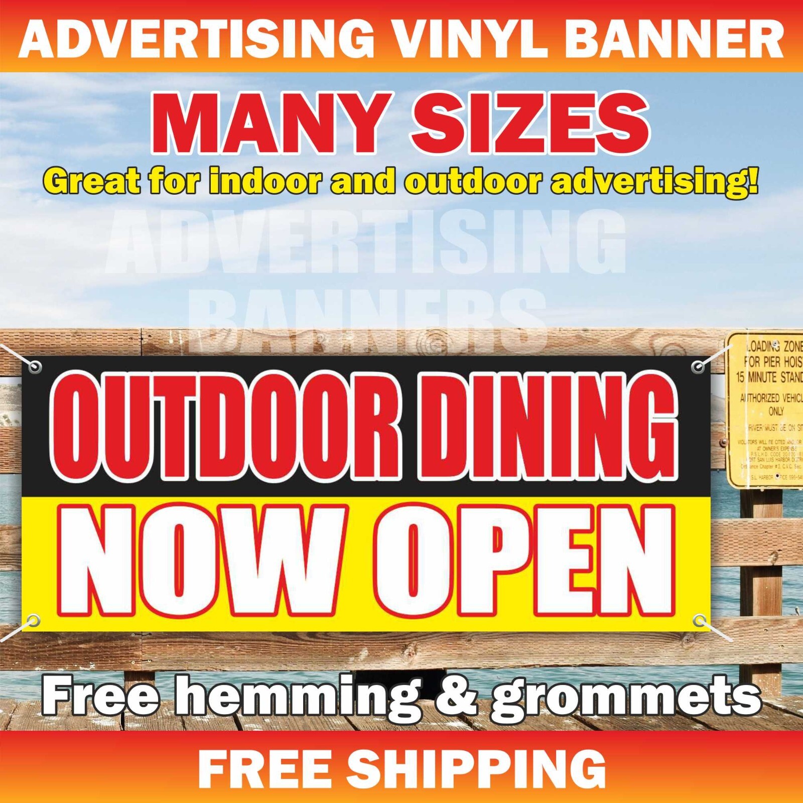 OUTDOOR DINING NOW OPEN Advertising Banner Vinyl Sign Patio Welcome Breakfast