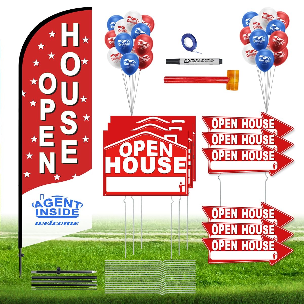 56 Piece Open House Signs for Real Estate Kit, 1 Open House Flag, 9 Double-Si…