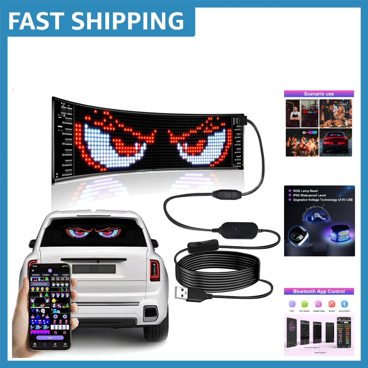 Programmable Bluetooth LED Car Sign – Customizable & Waterproof – 15″ x 4″