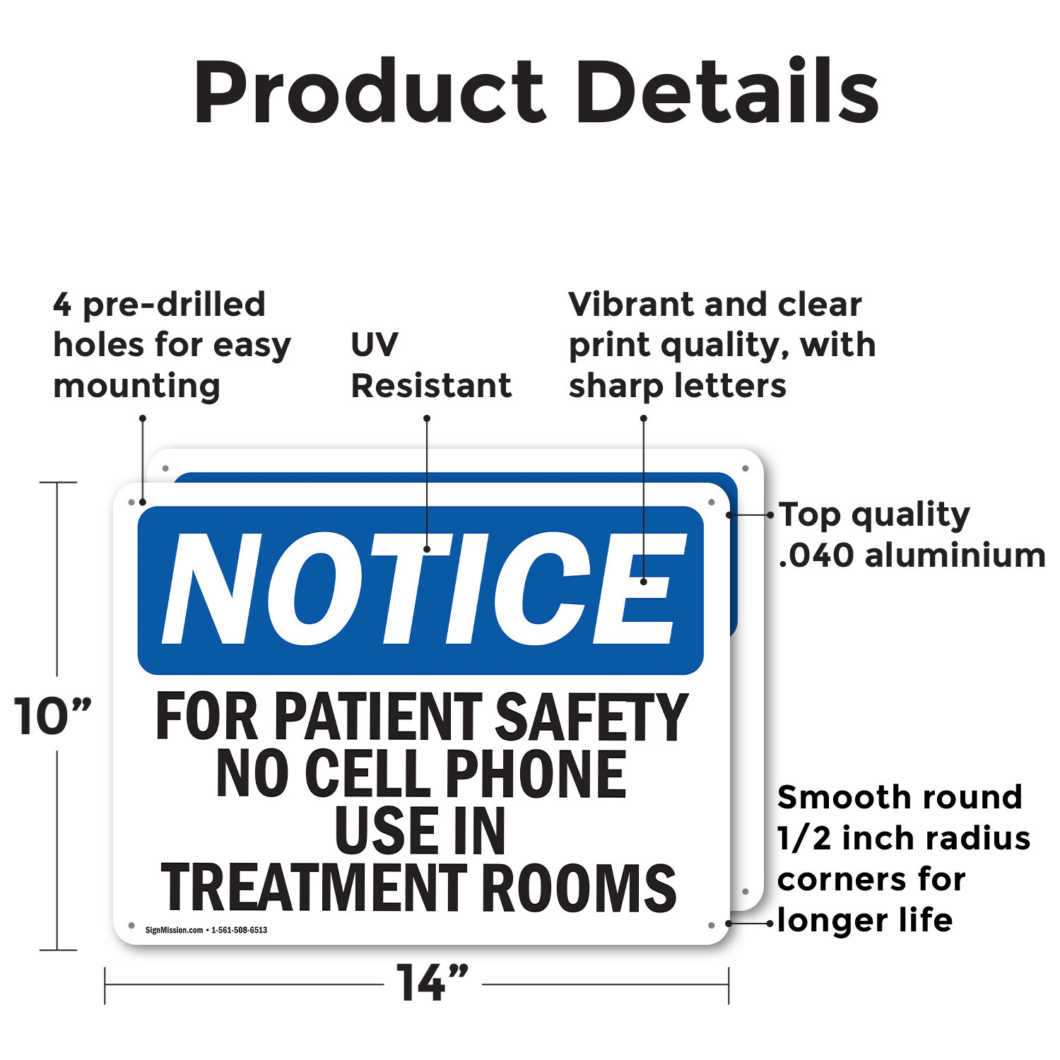 (2 Pack) For Patient Safety No Cell Phone Use In OSHA Notice Sign Decal Metal