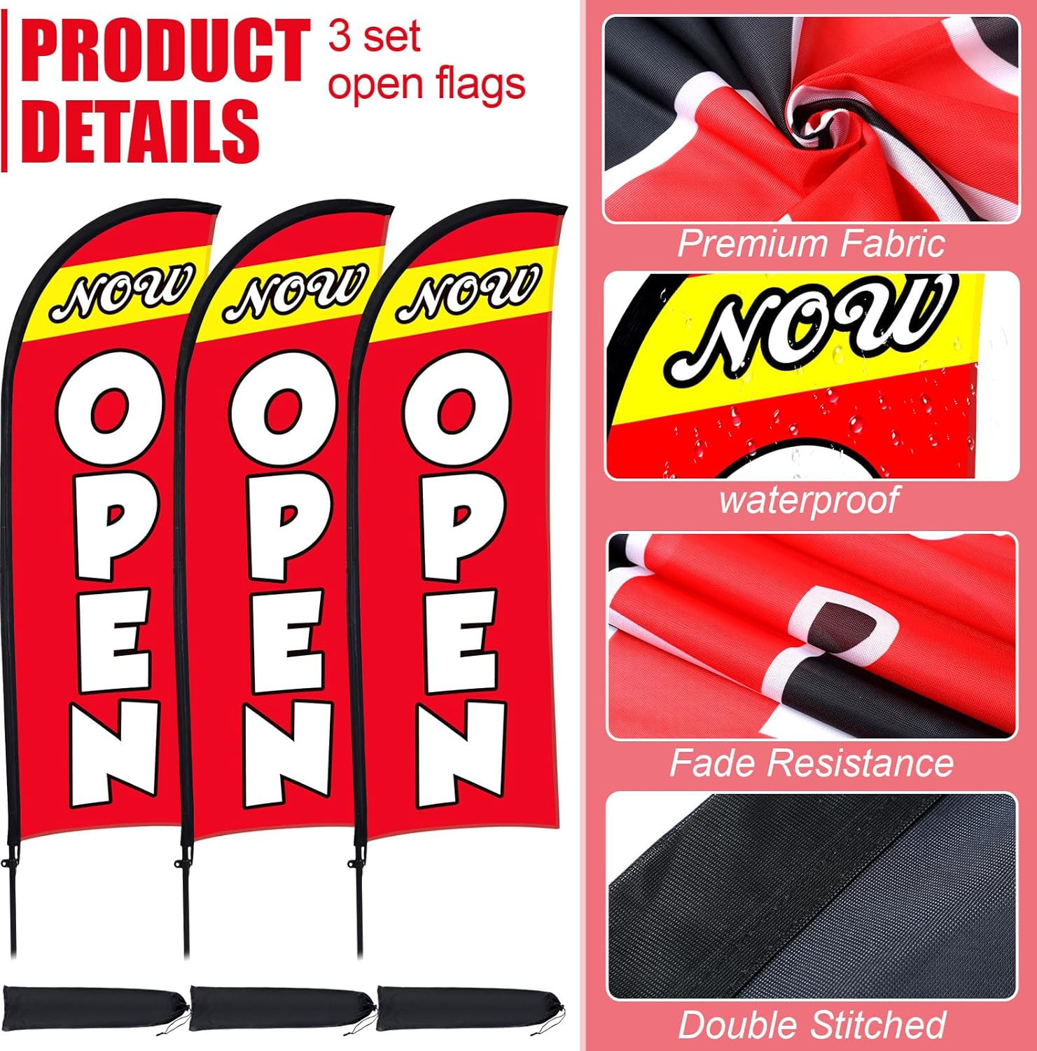 3 Sets Now Open Feather Flag Pole Kit for Business Advertising 7 Ft Open Flag Ba