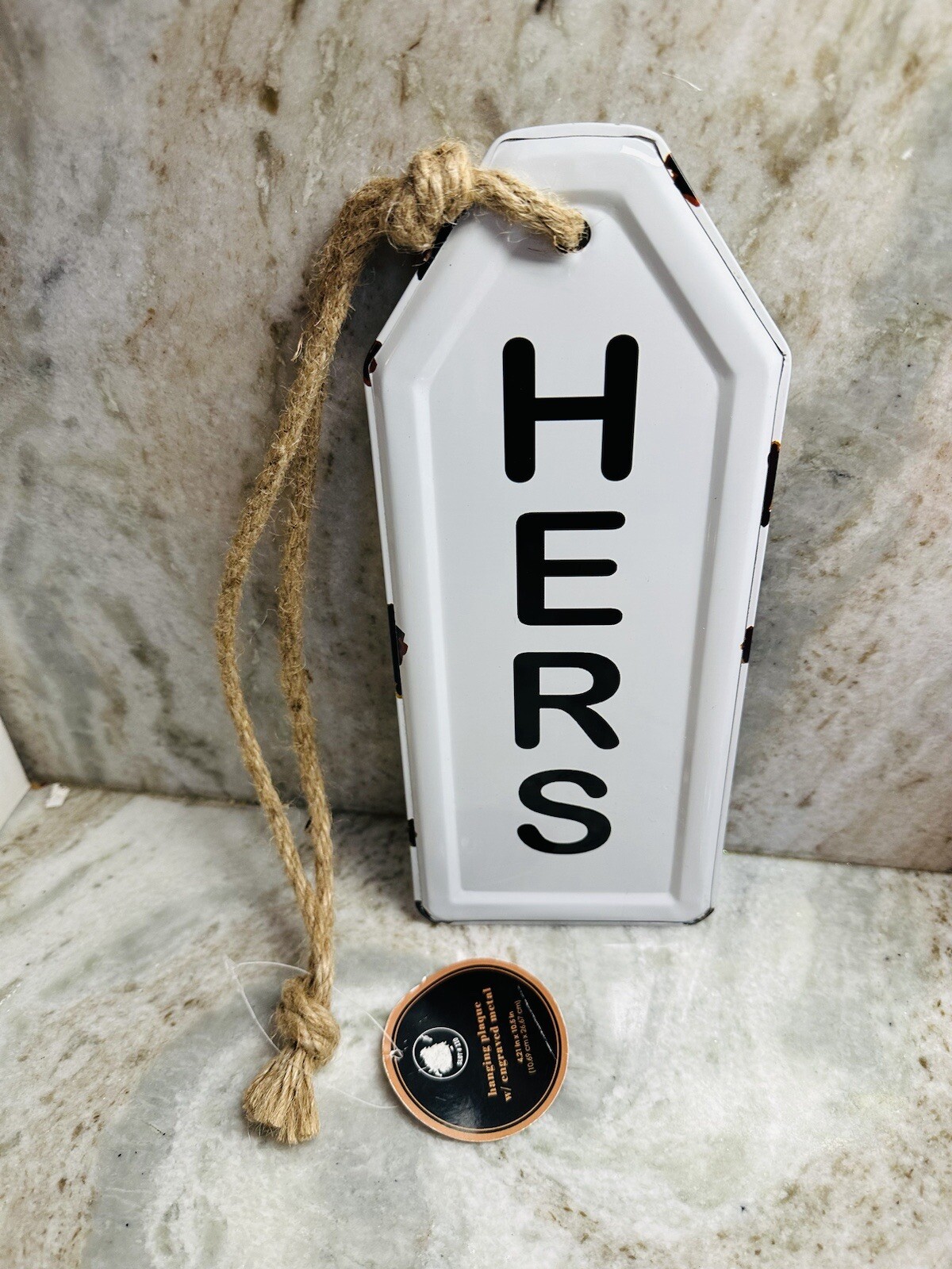 1 New His/Hers Vintage tyle Look Enamelware Hanging Door Sign Rope Distressed.
