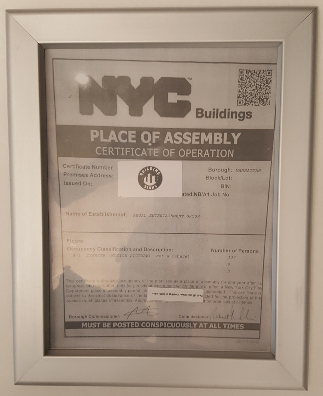 NYC PLACE OF ASSEMBLY CERTIFICATE OF OPERATION FRAME-REF24-1027