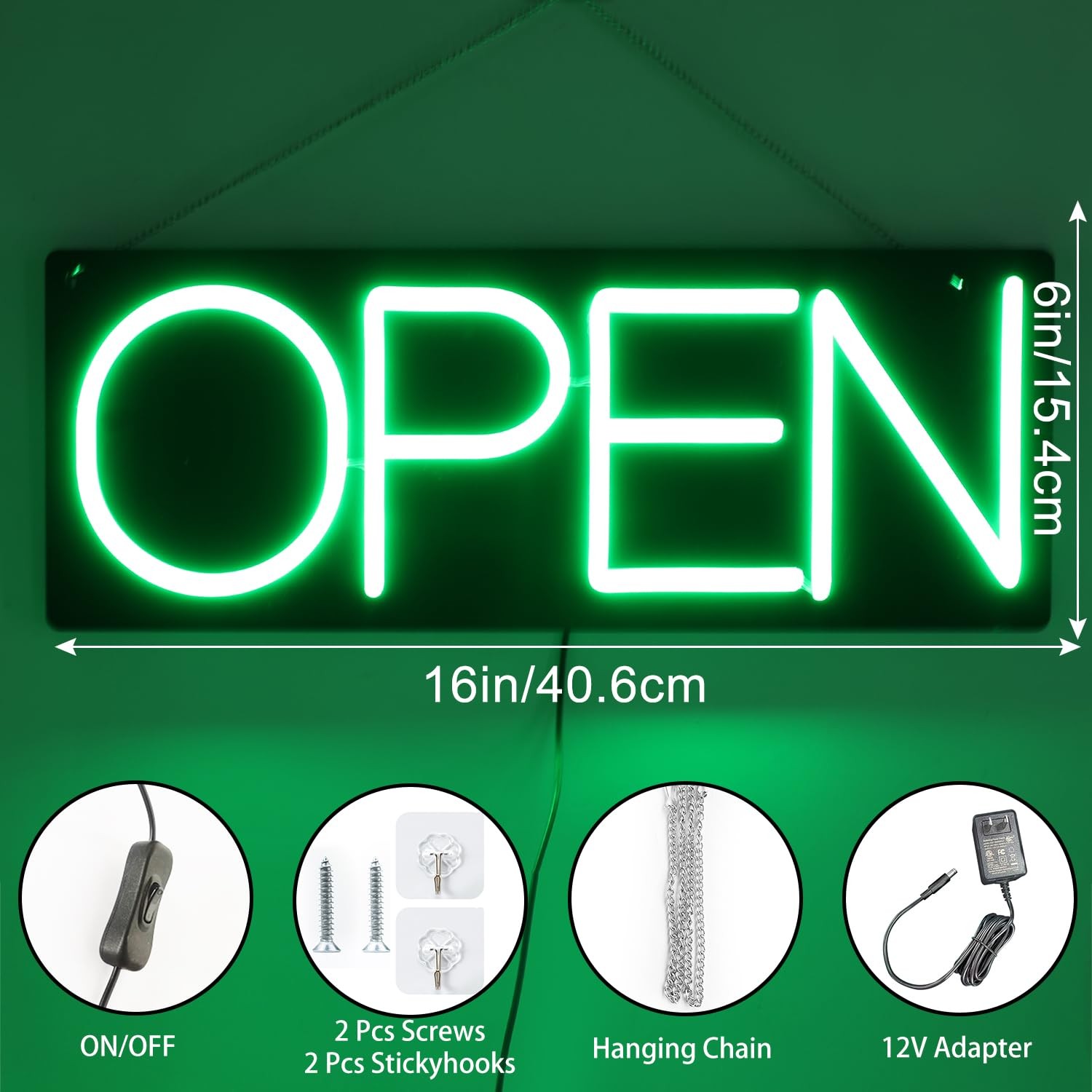 Open Signs for Business 12V/2A Ultra Bright LED Neon Open Sign 16 Inch Lighte…