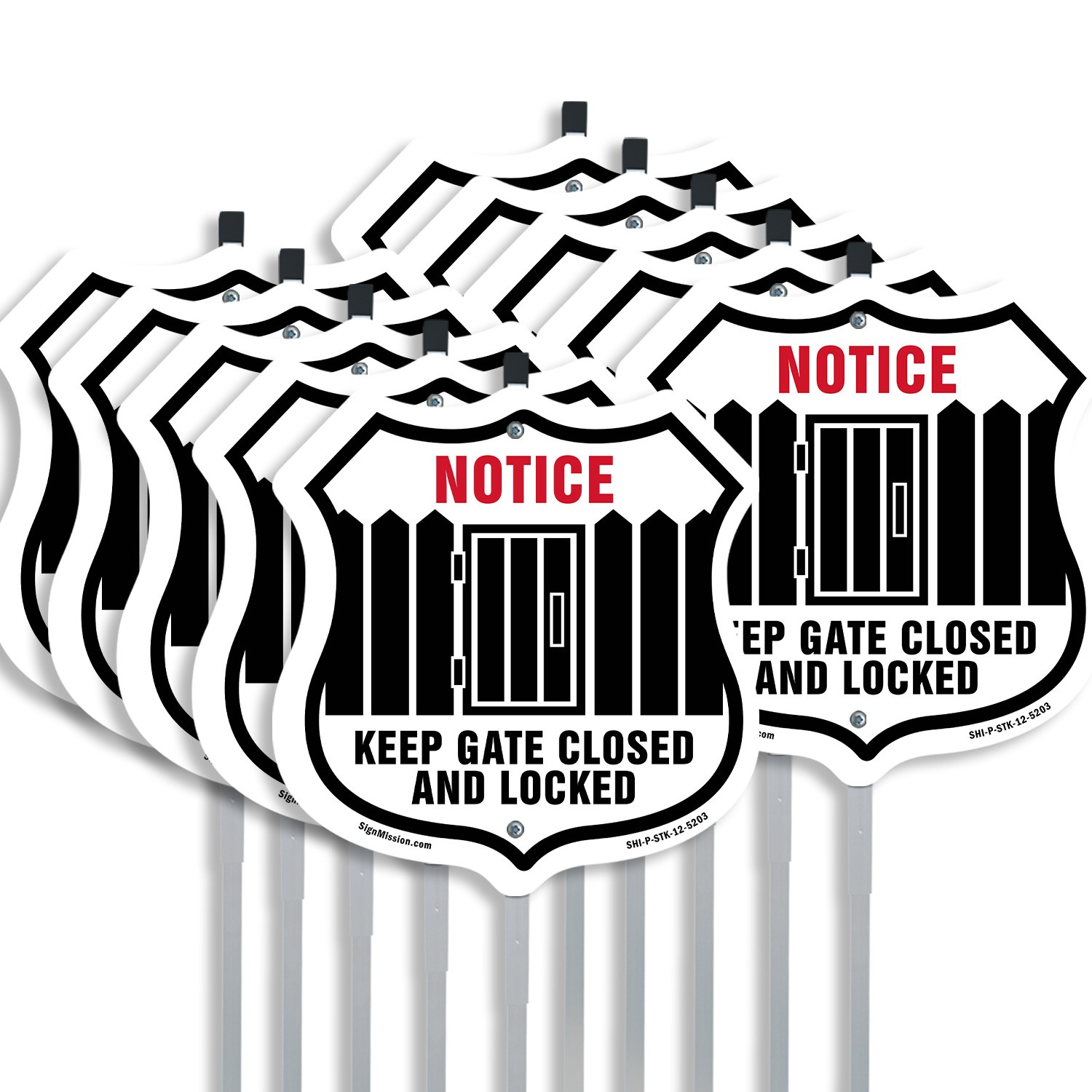 Notice Keep Gate Closed And Locked Shield Shaped Sign With Stake