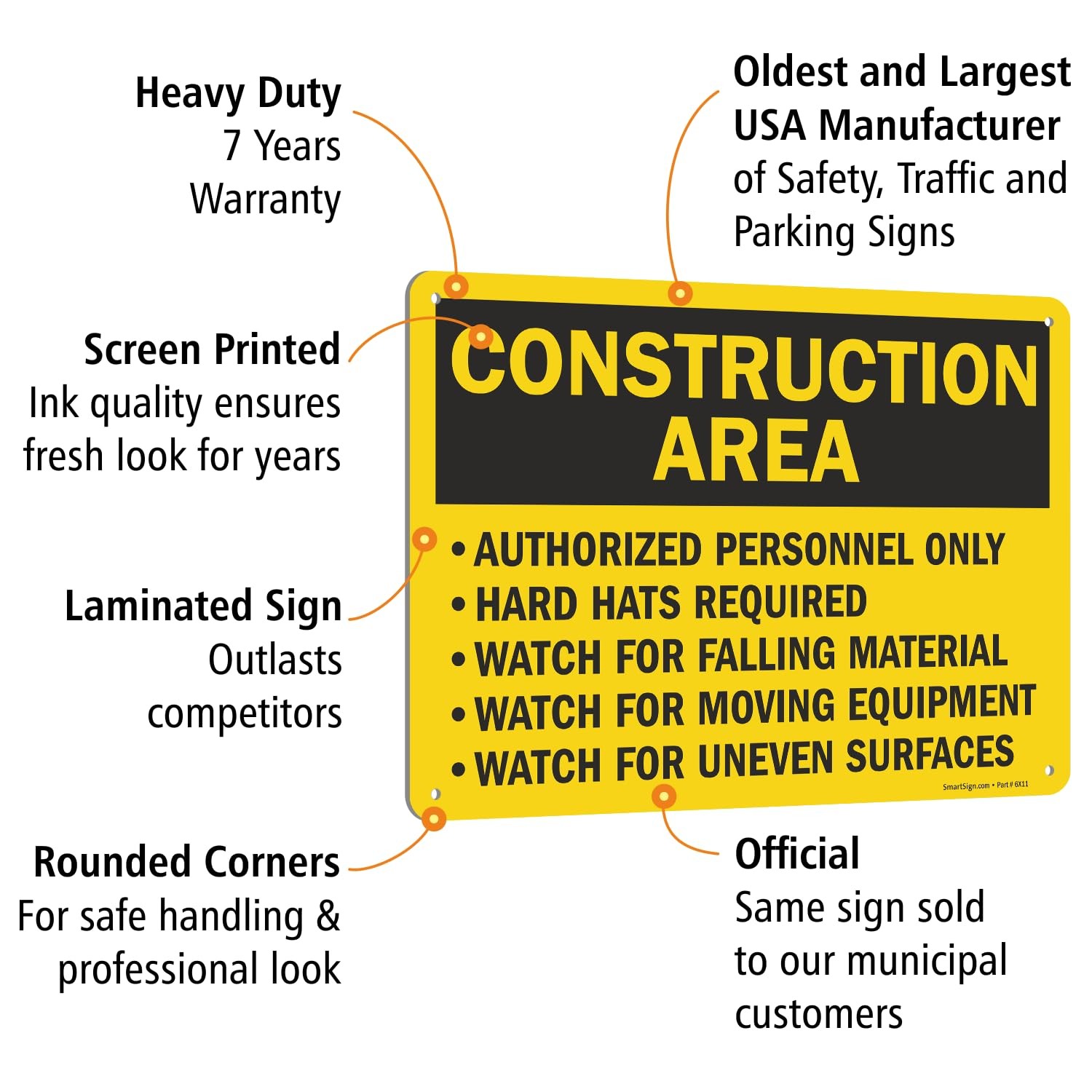 10×14 Inch Construction Area Authorized Personnel Only Hard Hats Required Sign