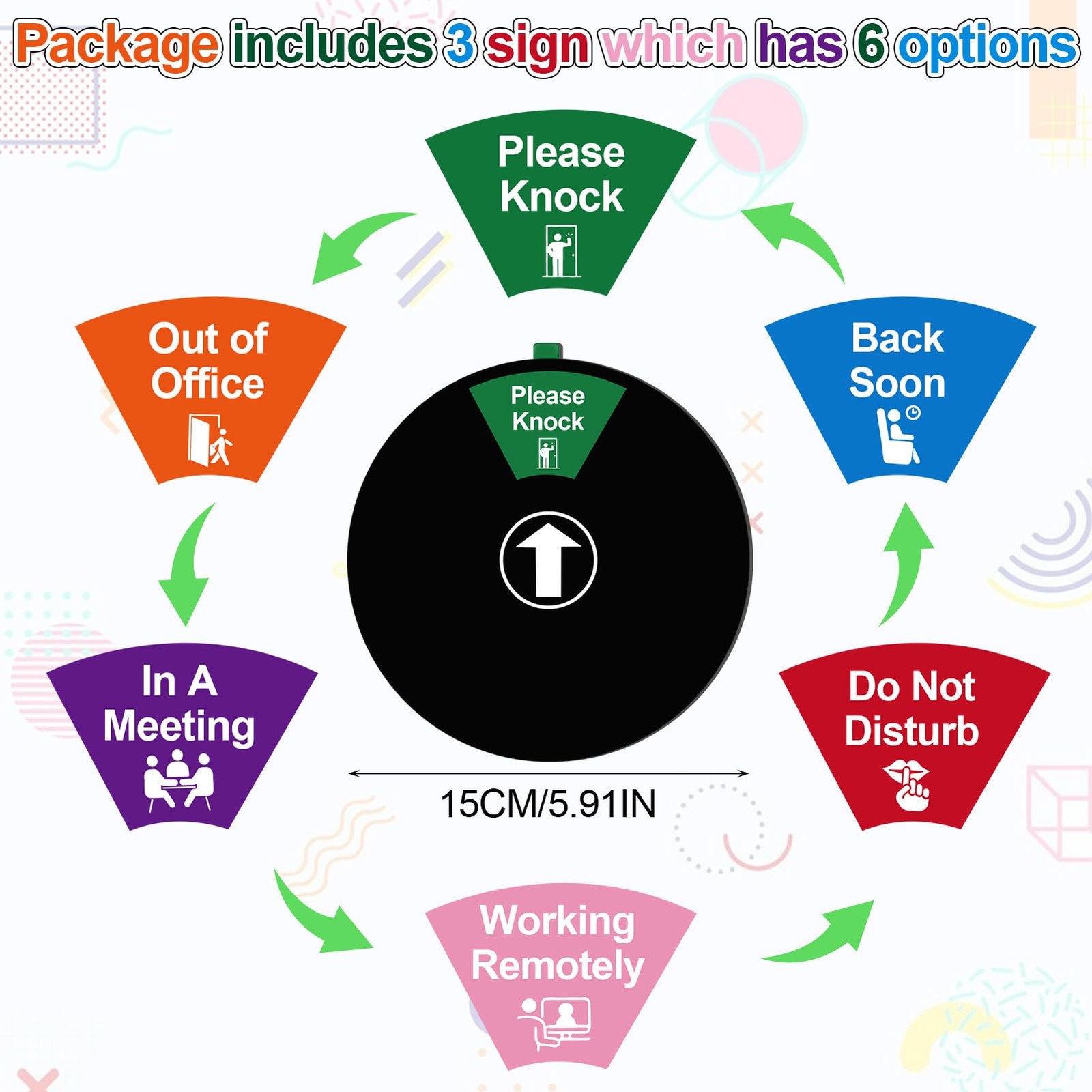 3 PCS Office Door Sign 6 Inch Wheel Privacy Do Not Disturb Please Knock Black