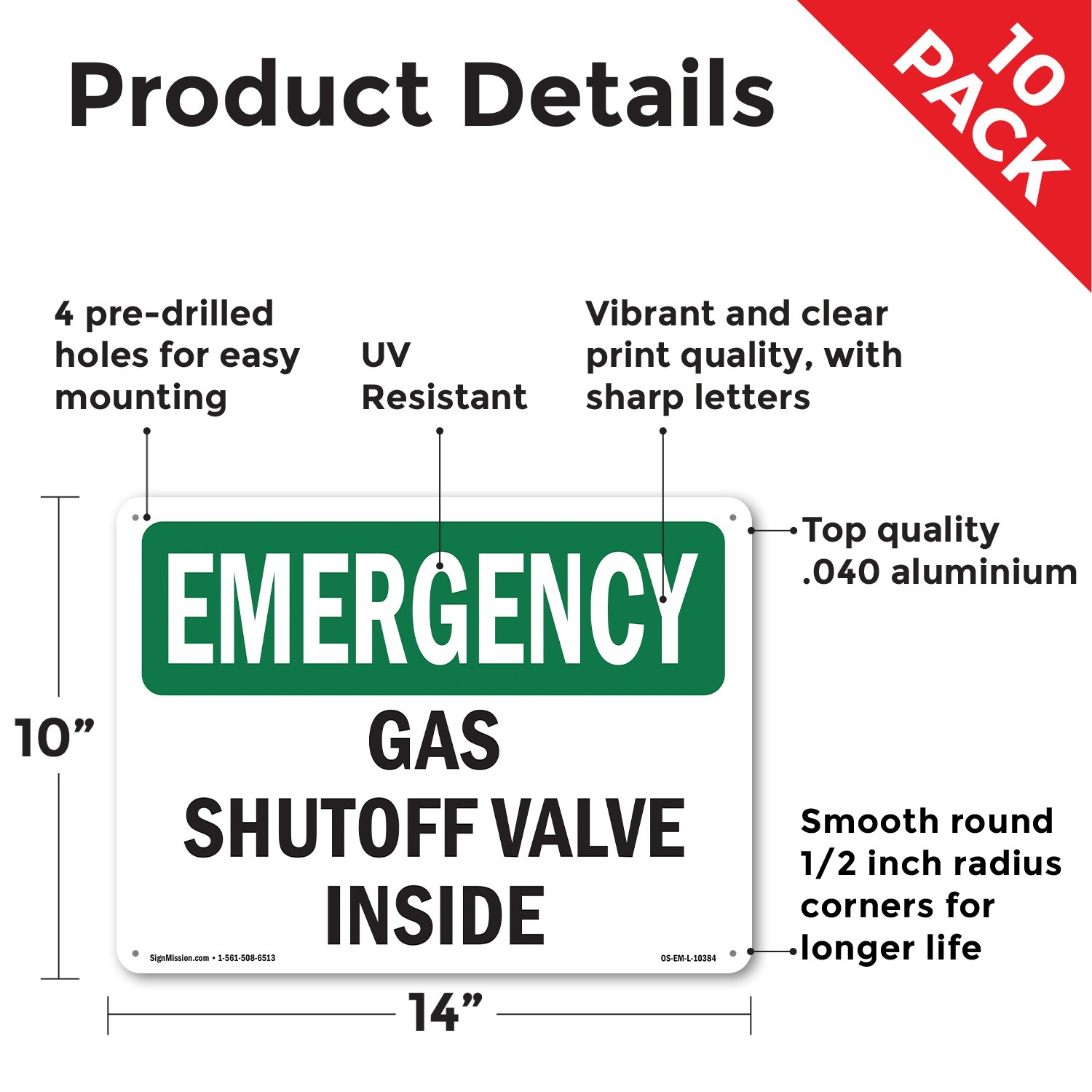 Gas Shutoff Valve Inside OSHA Emergency Sign Metal, Plastic, Decal 5 or 10 Pack