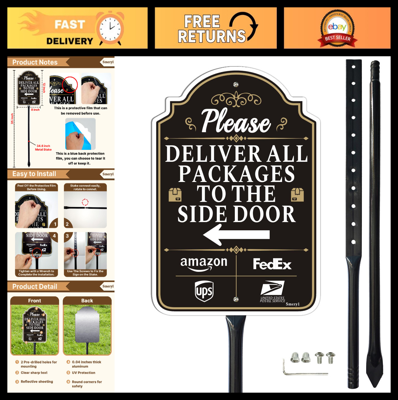 12×8 Delivery Sign with Arrow – Rust-Free Aluminum, Weatherproof, Lawn Stake Inc