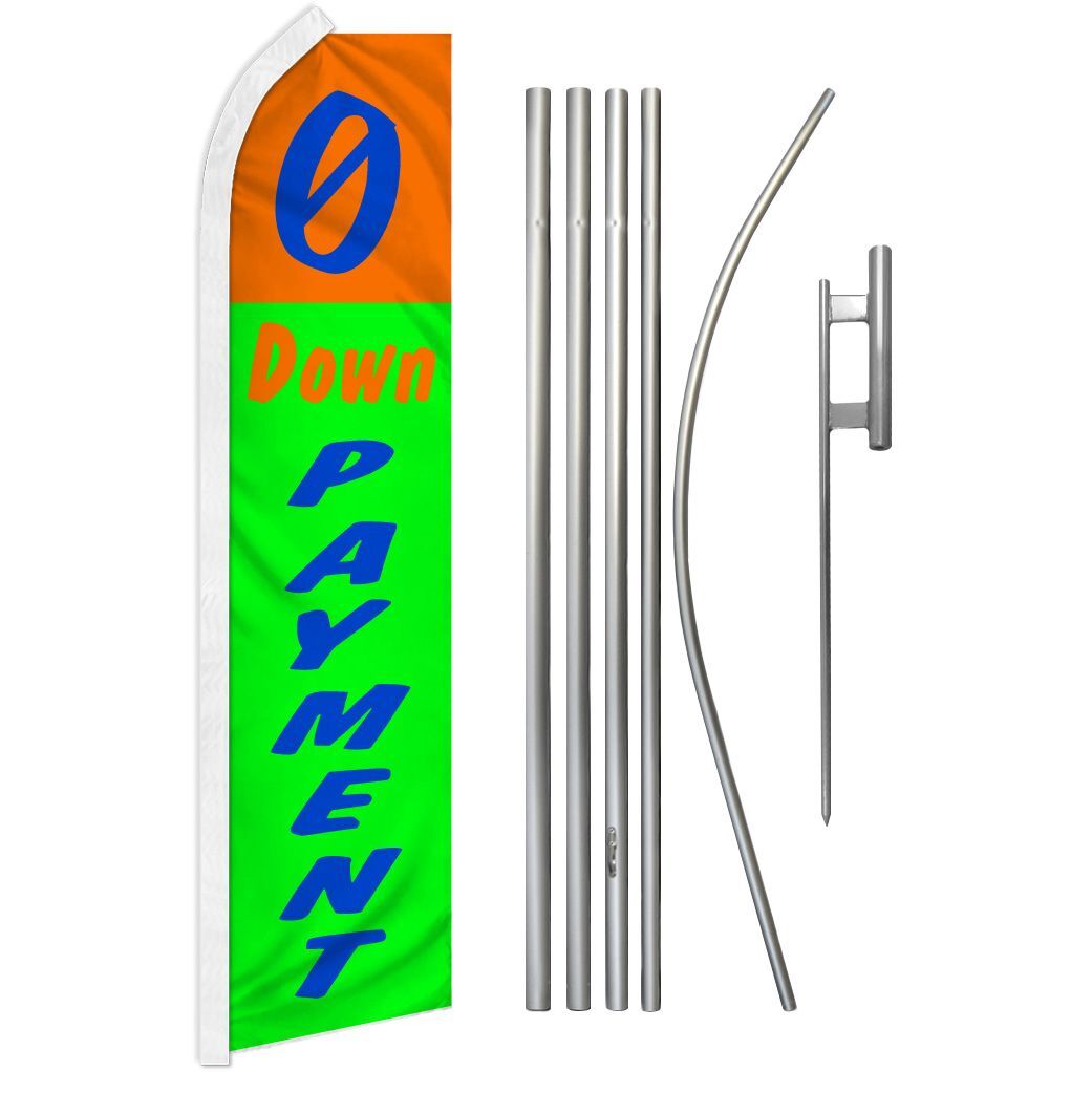 “0 DOWN PAYMENT” Advertising Super Flag & Pole Kit auto car zero orange & green