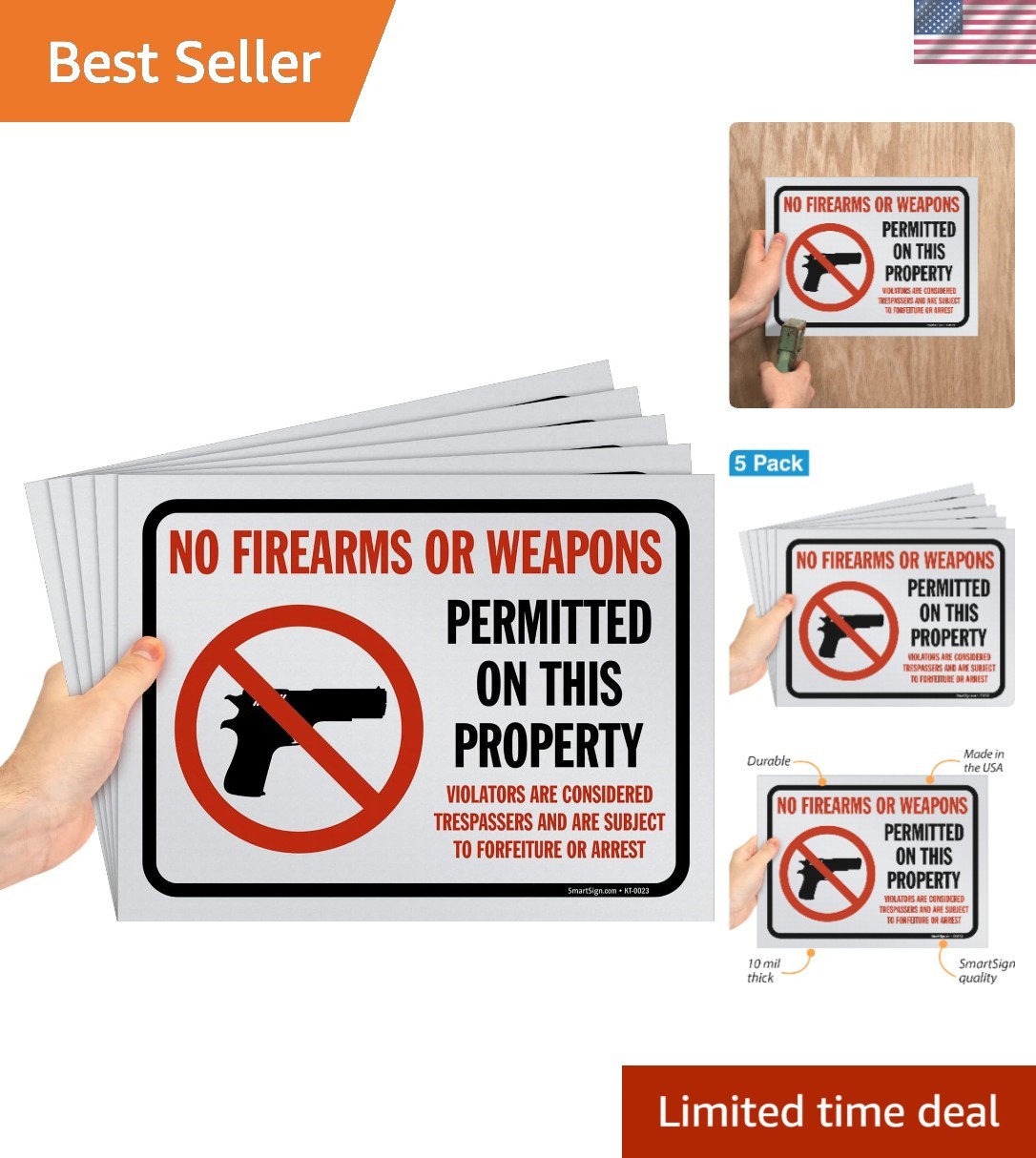 Pack of 5 9 x 12 inch “No Firearms Or Weapons Permitted On This Property” Sig…
