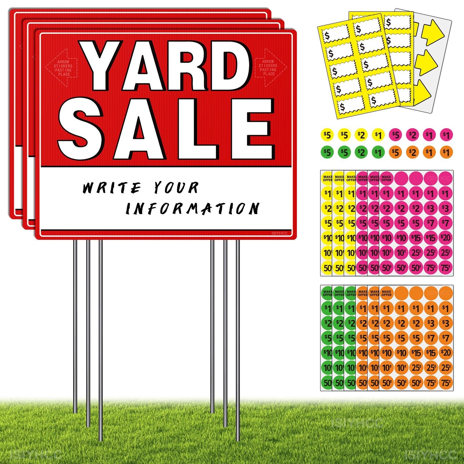 Yard Sale Signs Kit with Stakes & Price Stickers – 8 Pack, Double-Sided, Arrows