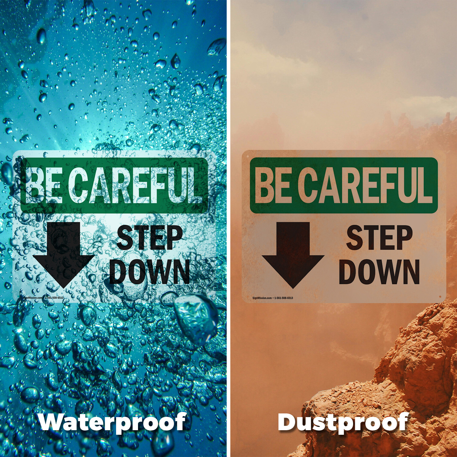 (2 Pack) Step Down [Down Arrow] With Symbol OSHA Be Careful Sign Decal Metal