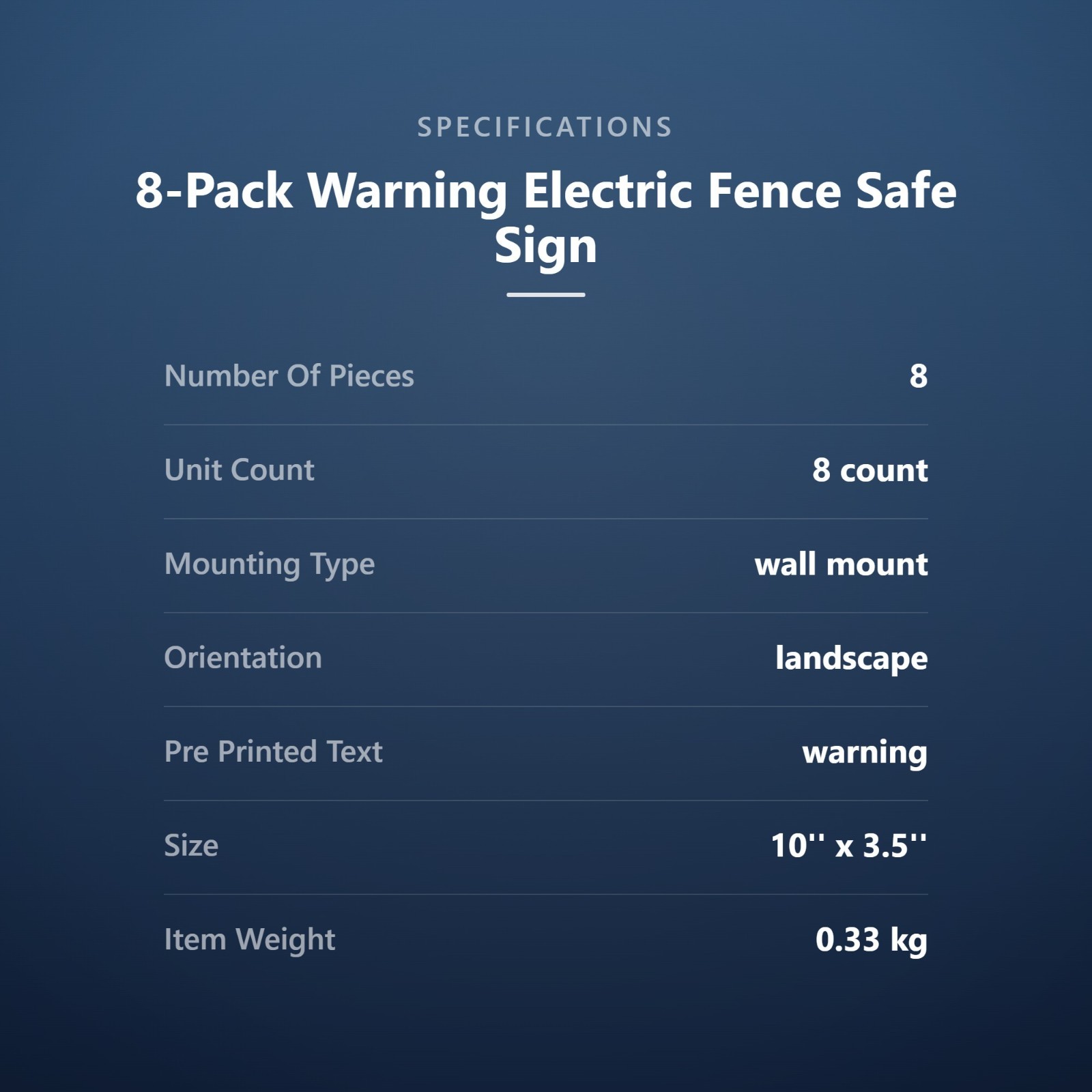 8-Pack Warning Electric Fence Safe Sign, 10″x 3.5″ Plastic Sign
