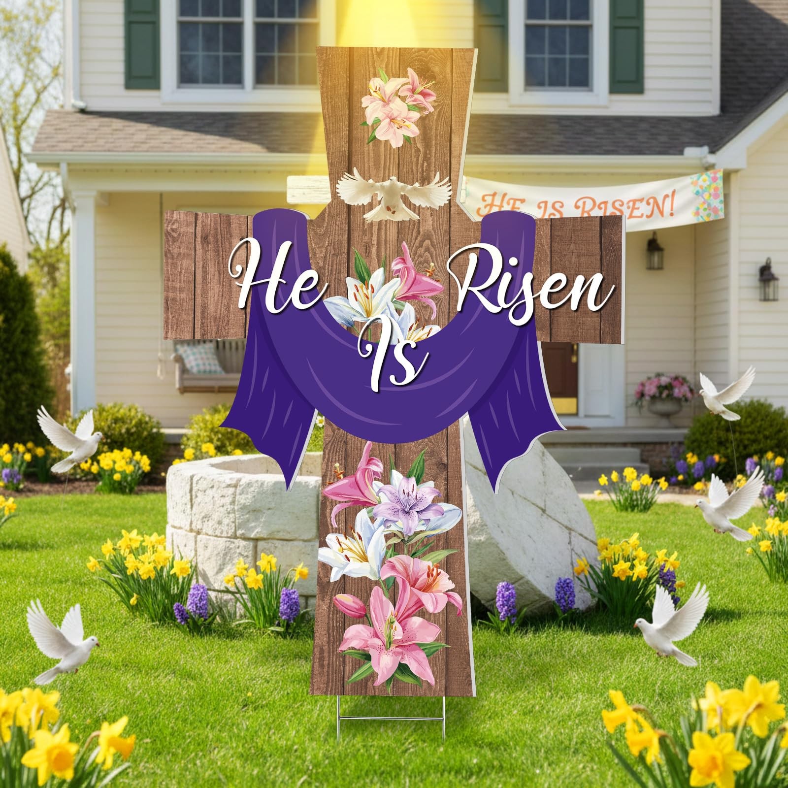 Roowest Easter He Is Risen Yard Sign Stakes 3.6 Ft Outdoor Lawn Decorations