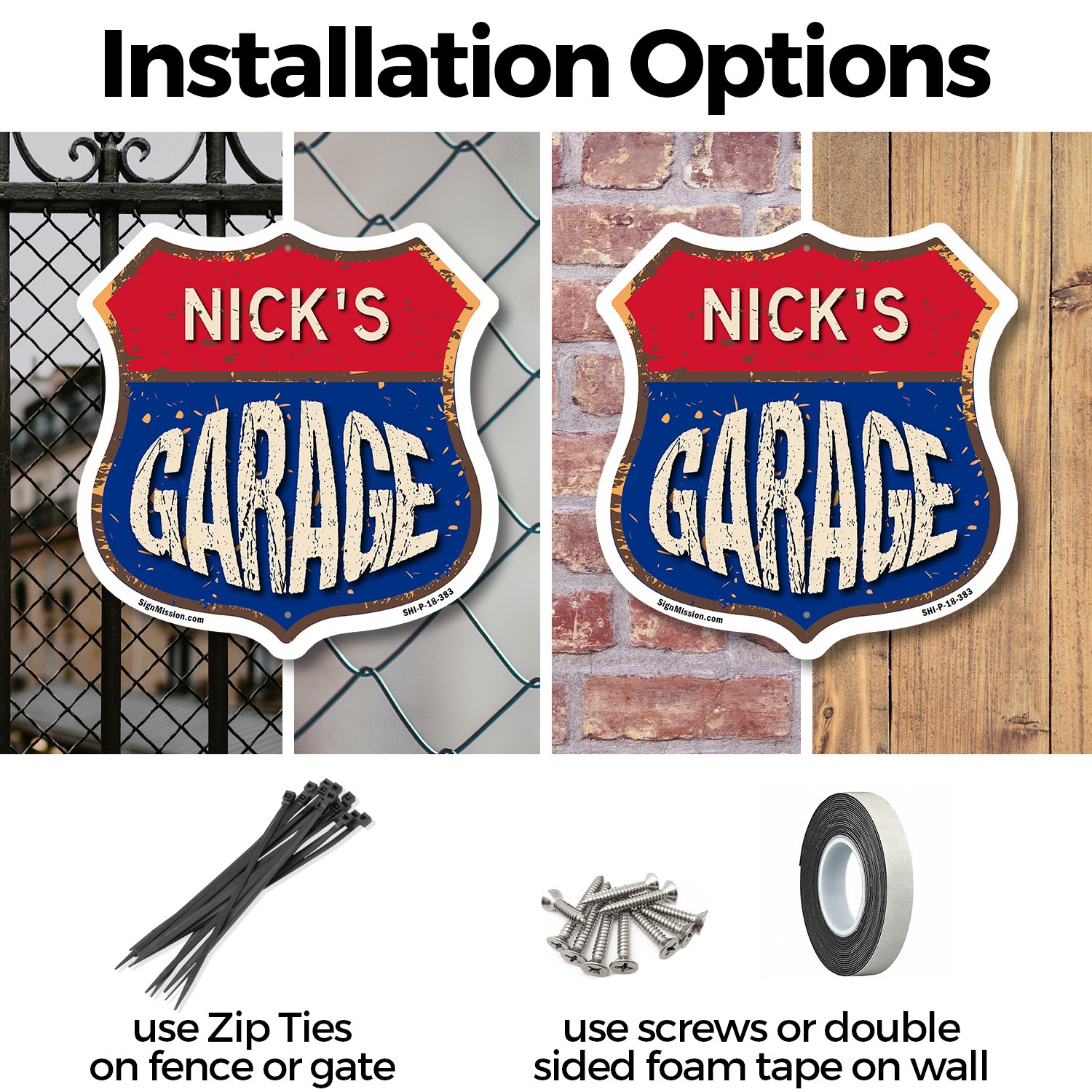 Nick’s Garage Shield Shaped Sign Weather Resistant Crafted in the USA
