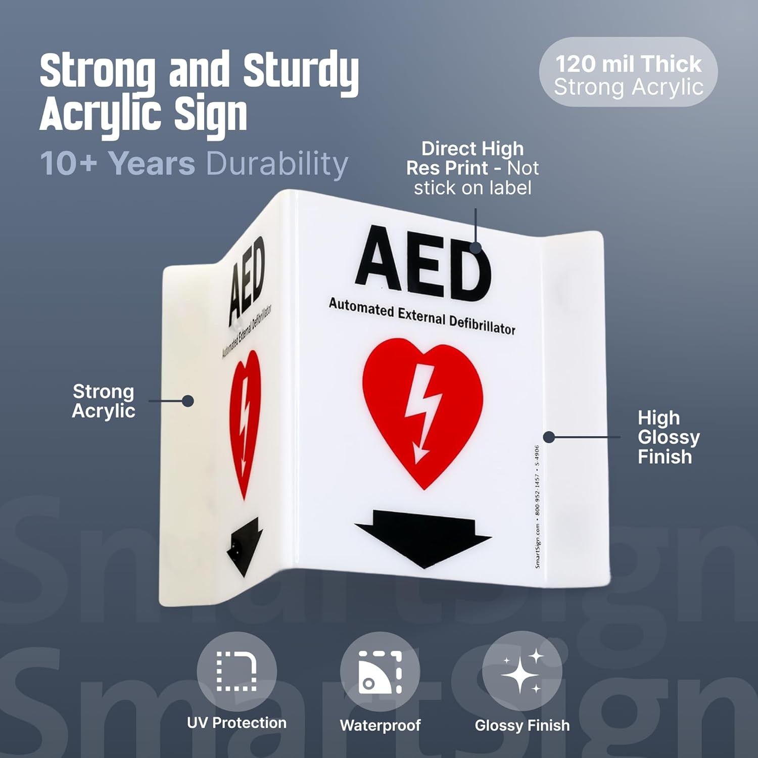 AED Two-Sided V-Shaped Projecting Sign with Down Arrow and Symbol, 6 x 5 inch, 1