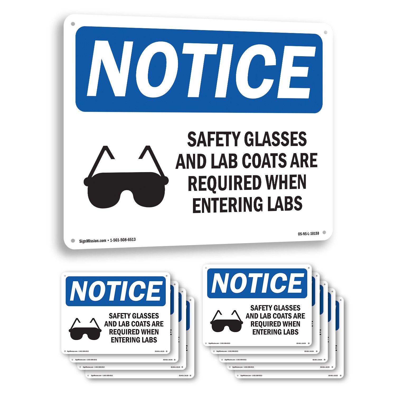 Safety Glasses And Lab Coats OSHA Notice Sign Metal, Plastic, Decal 5 or 10 Pack
