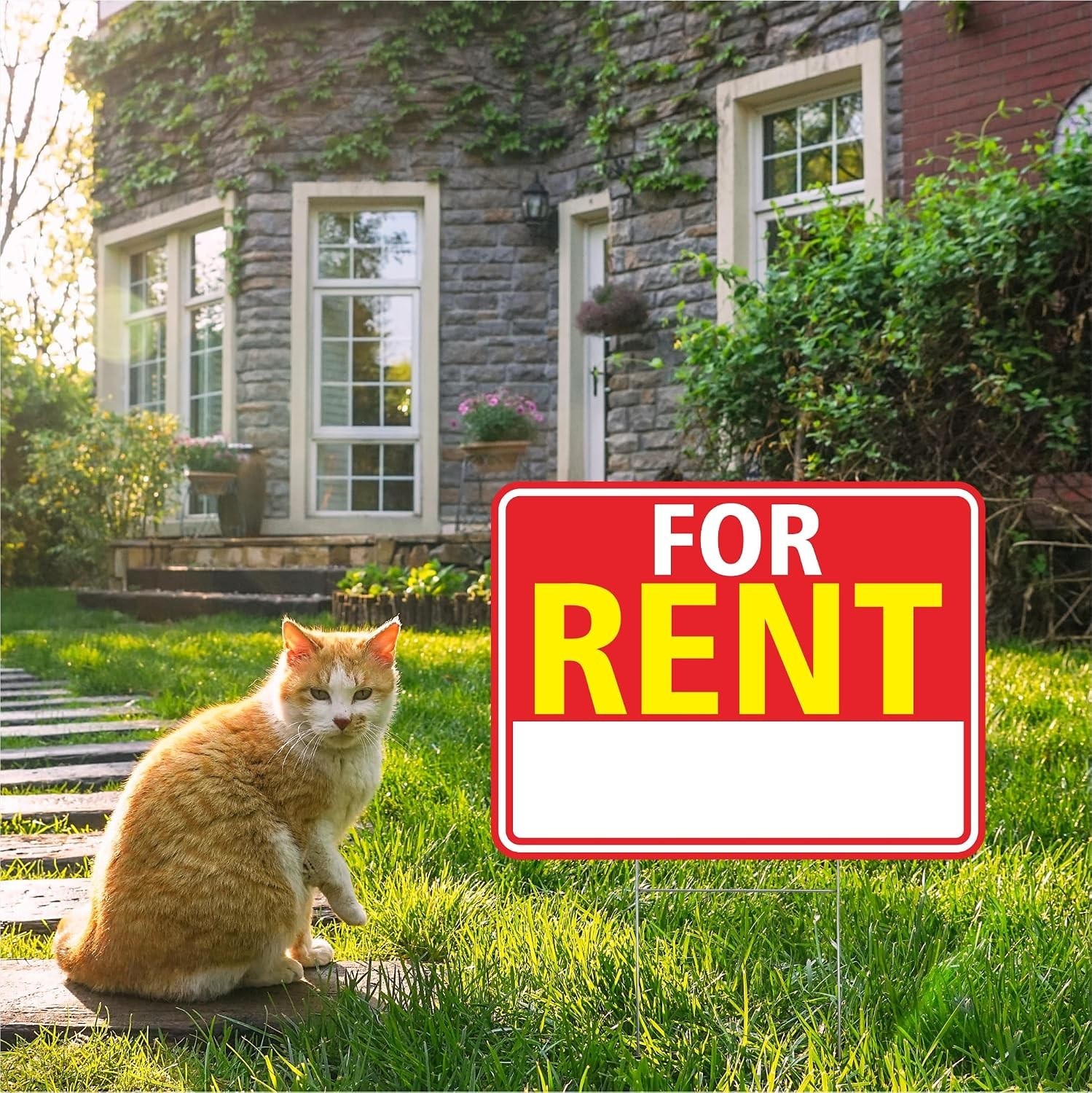 For Rent Sign with Stake 17″x13″ – Double Sided Yard Sign Red White Yellow