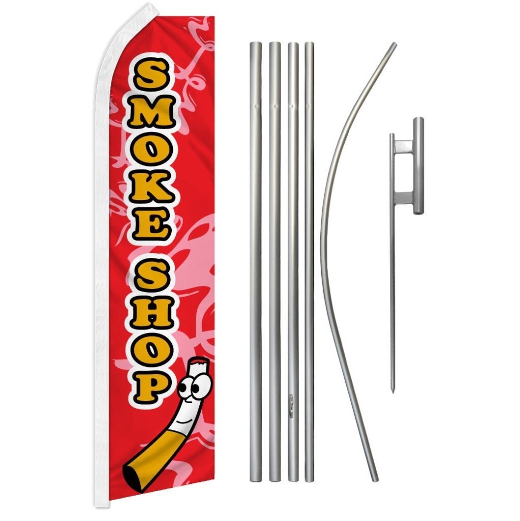 “SMOKE SHOP” Advertising Super Flag & Pole Kit cigars cigarettes vape red
