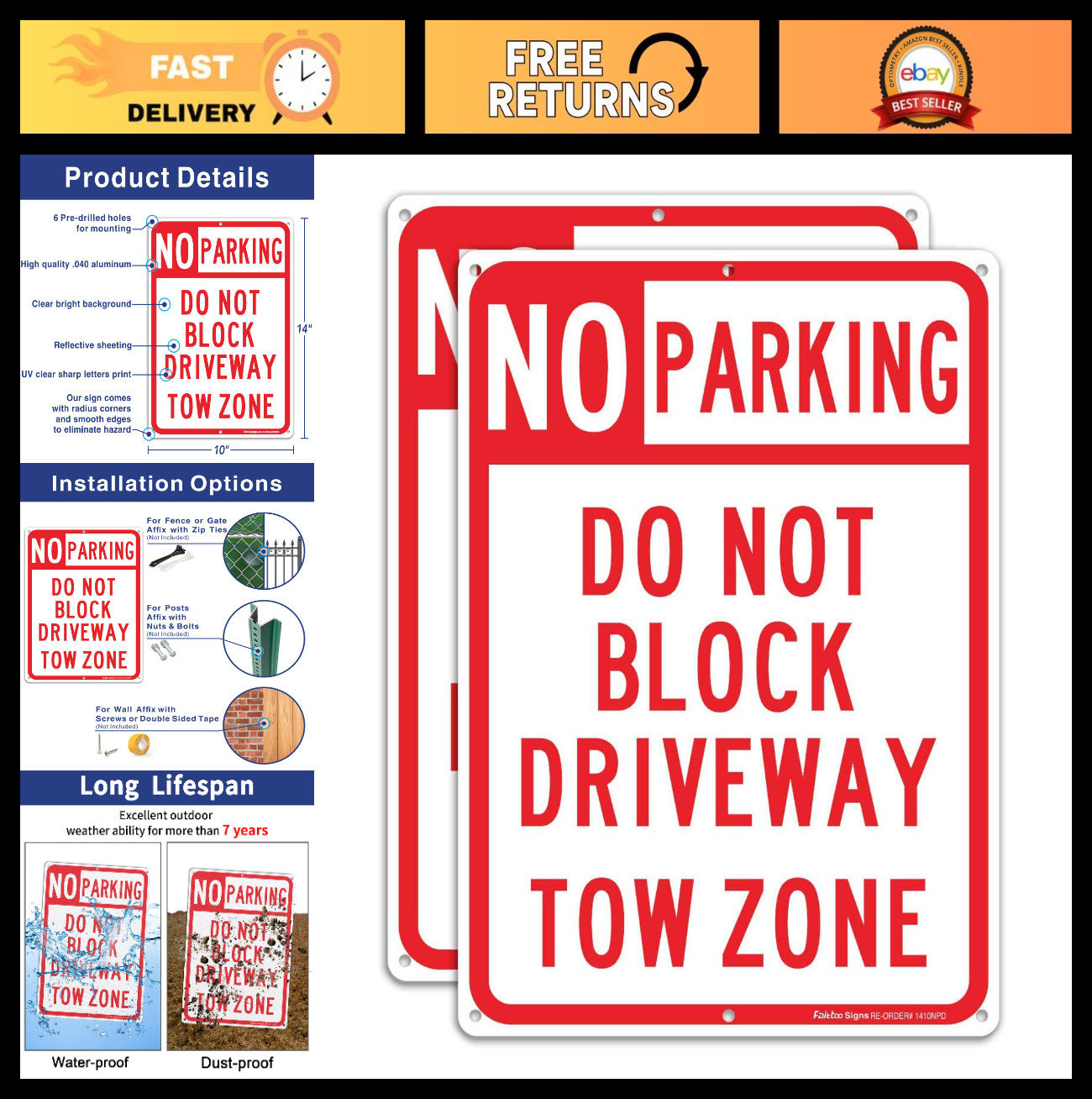 2 Pack No Parking Sign – Reflective Do Not Block Driveway, Tow Zone, 14×10″ Alum