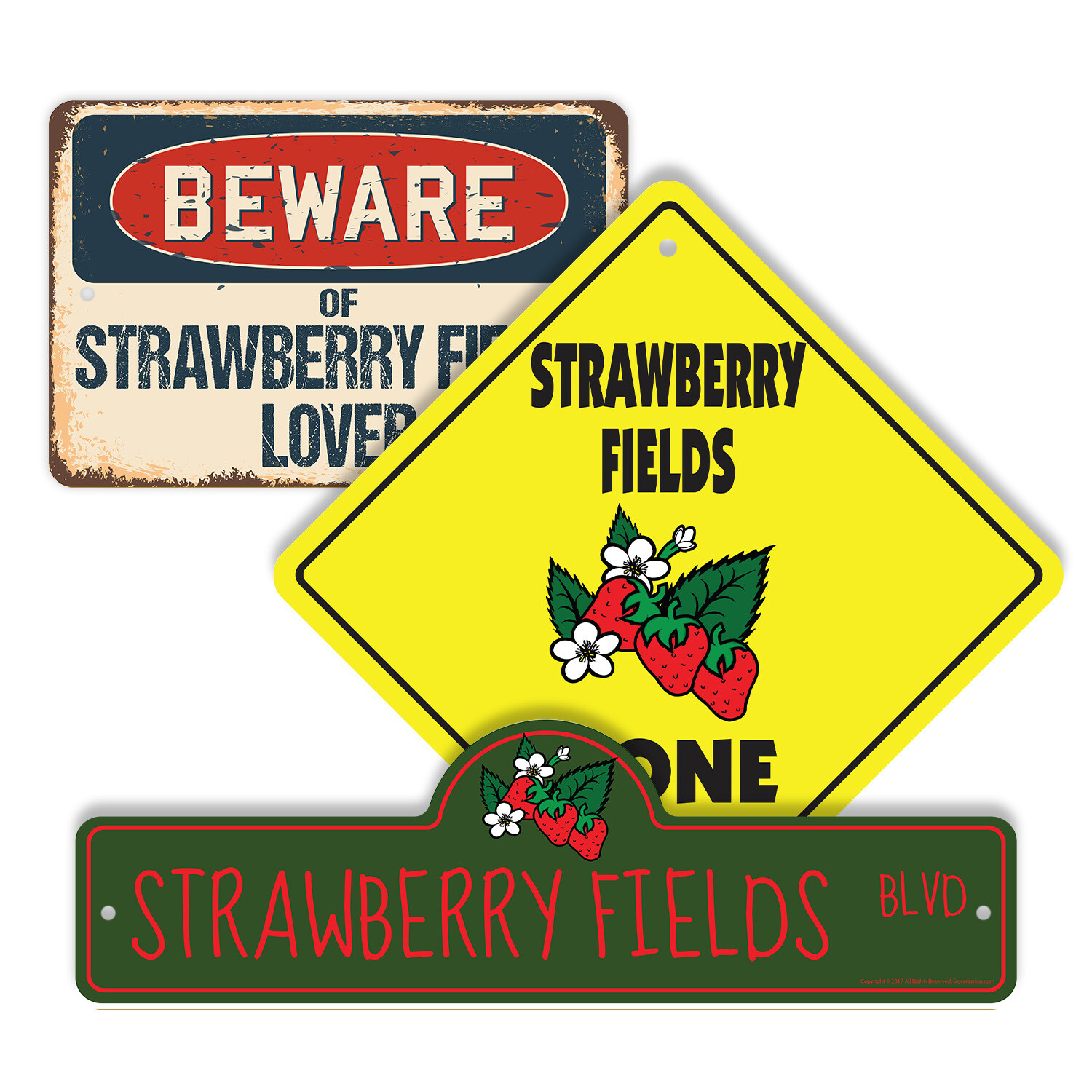 Strawberry Fields (3 Pack) Plastic Street Sign Crossing Warning Vintage Rustic