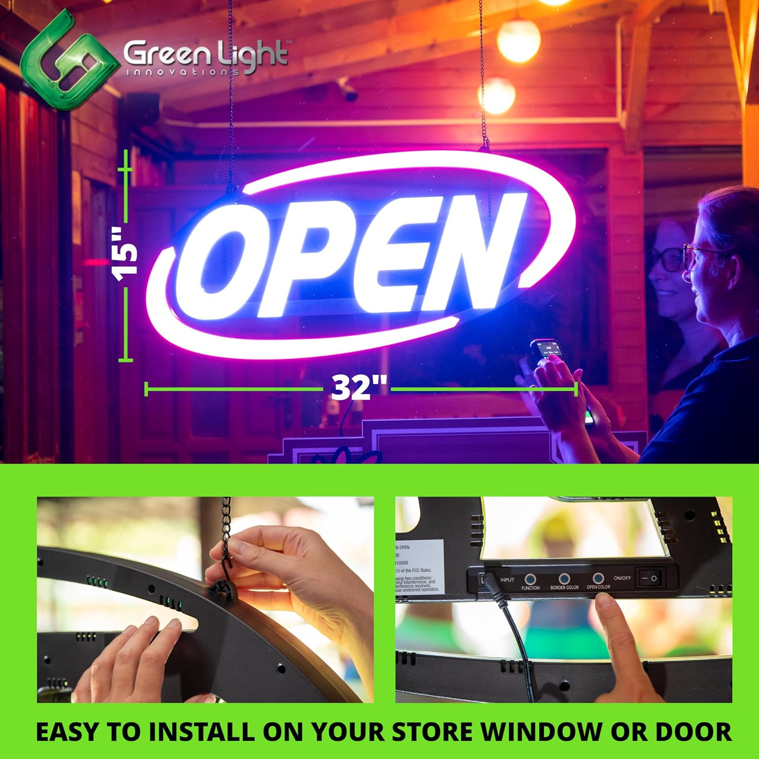 Super-Bright LED Open Sign for Business 15X32 in – 64 Color Combos via Bluetooth