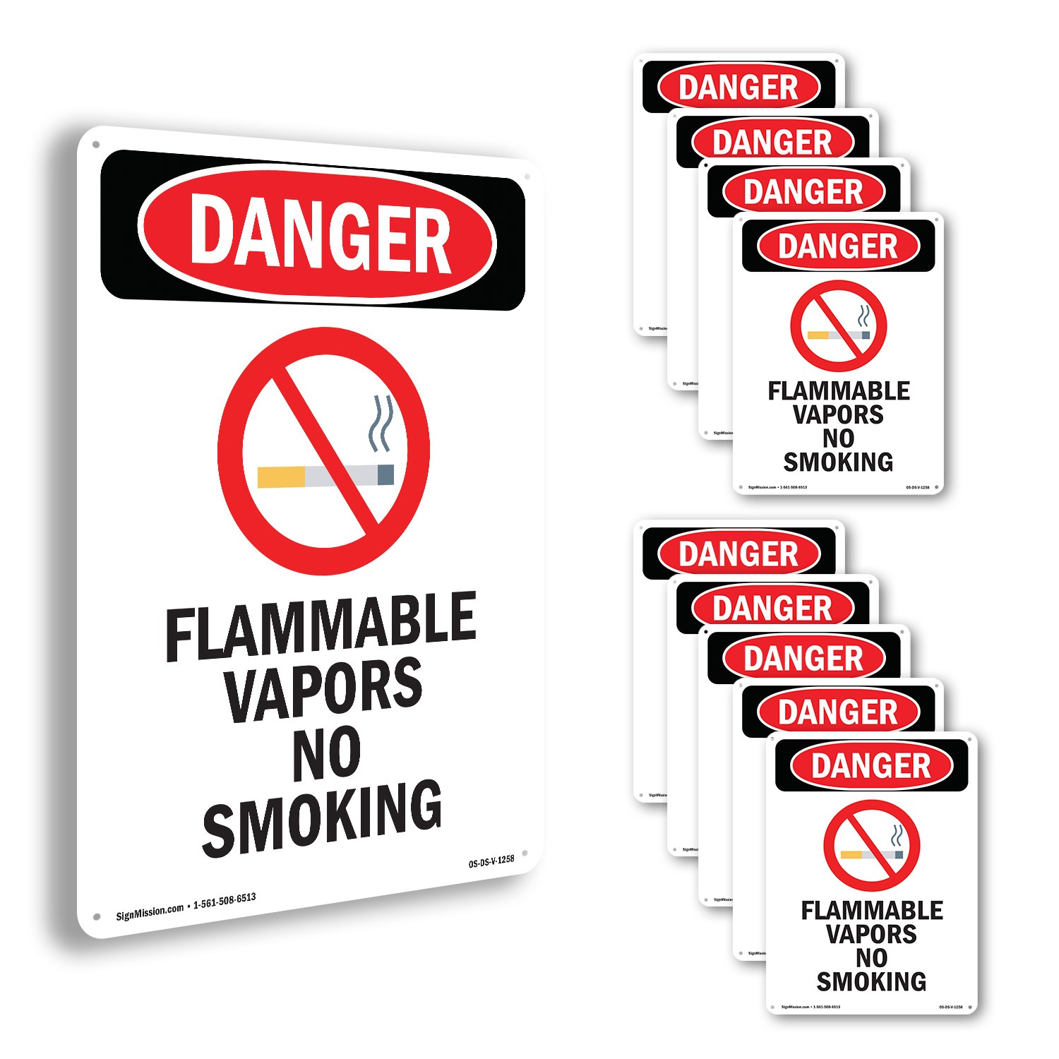 Flammable Vapors No Smoking OSHA Danger Sign Metal, Plastic, Decal 5 or 10 Pack