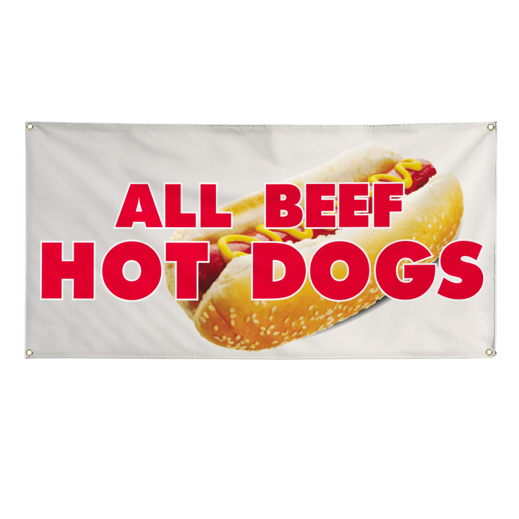 Vinyl Banner Multiple Sizes All Beef Hot Dogs Restaurant Cafe Bar Outdoor