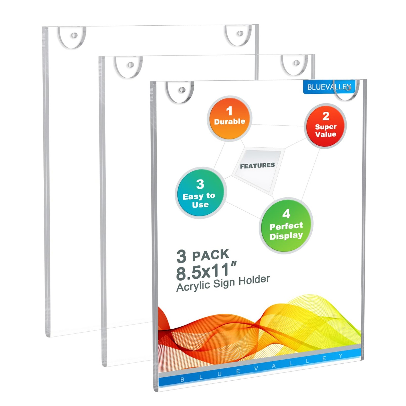 BlueValley 3 Pack Acrylic Sign Holder 8.5×11 Wall inches, Transparent