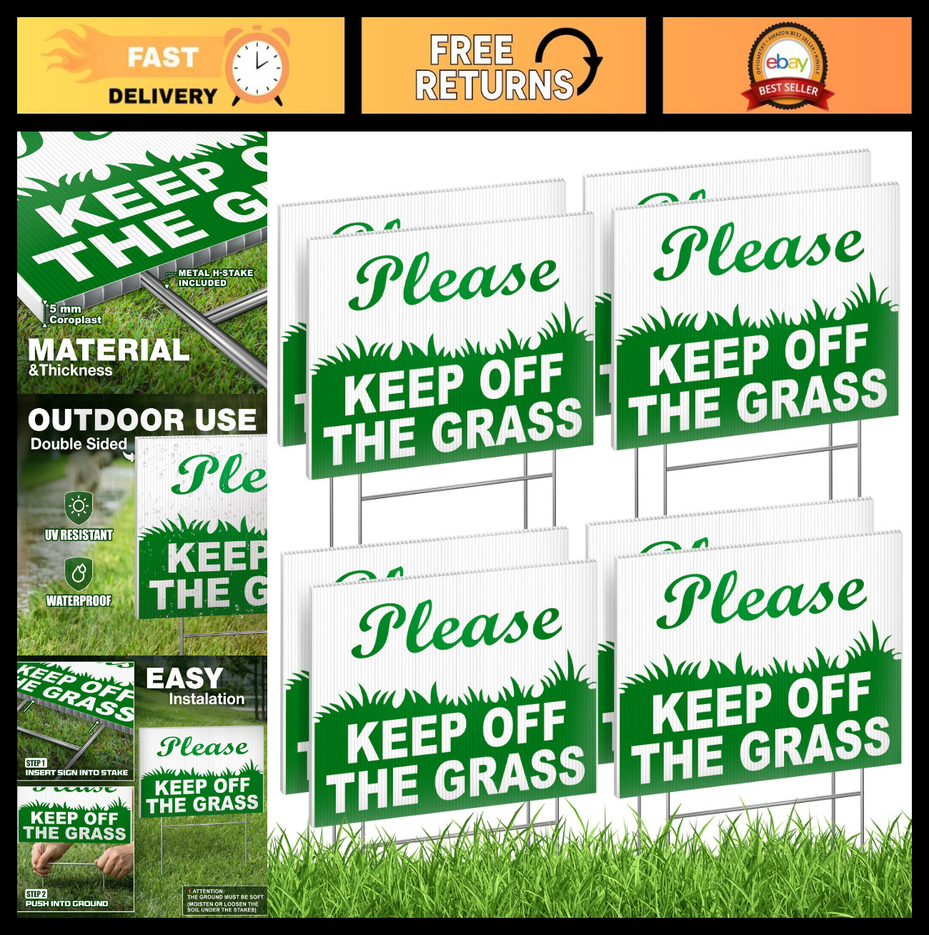 Keep Off Grass Signs – 6×9 Double-Sided Coroplast, 8 Pack with Metal H-Stakes fo
