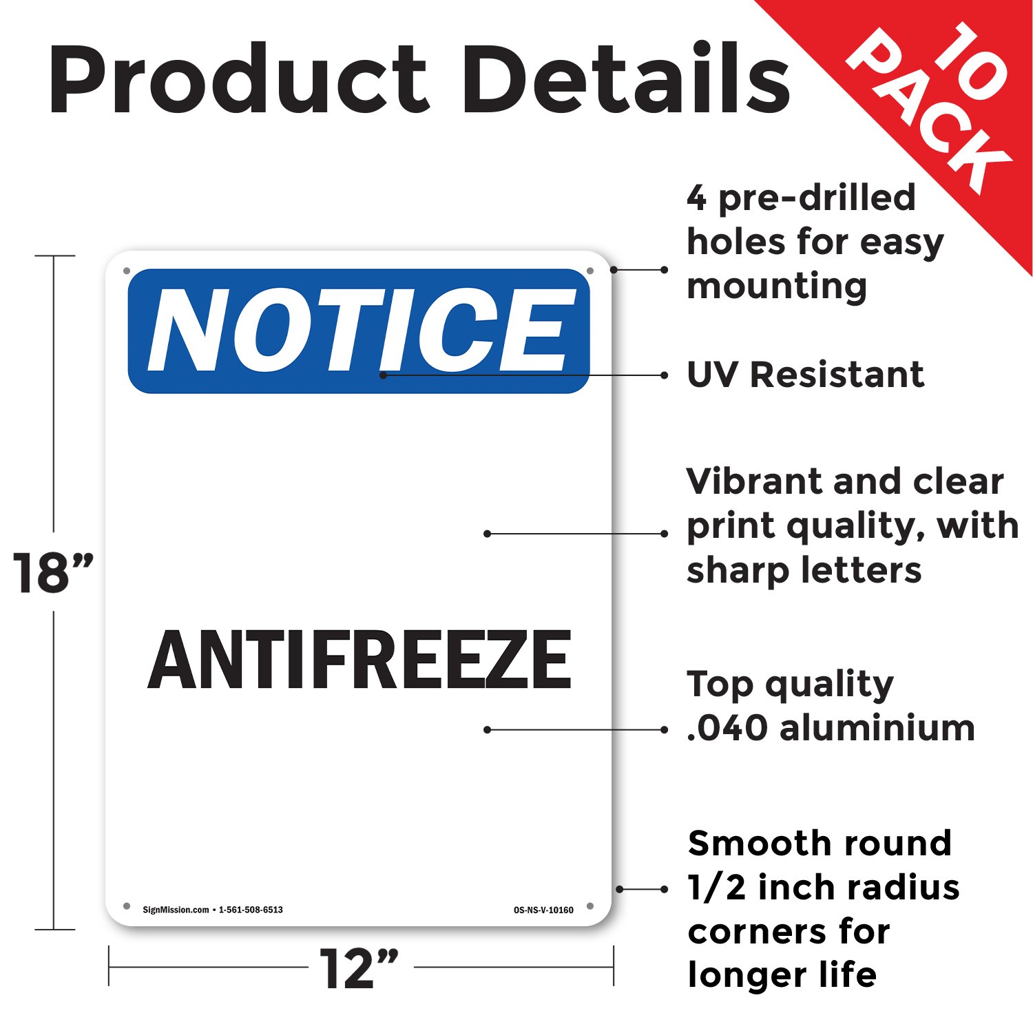 Antifreeze OSHA Notice Sign Metal, Plastic, Or Decal – 5 or 10 Pack